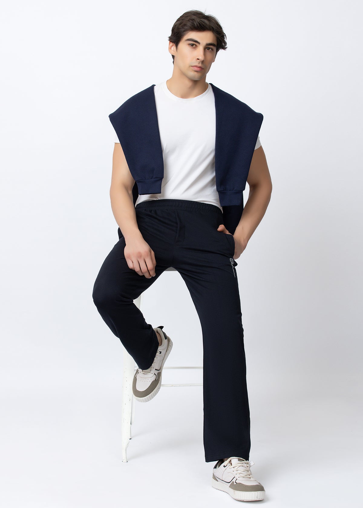 NAVY SOLID COTTON BLENDED LOUNGE PANT