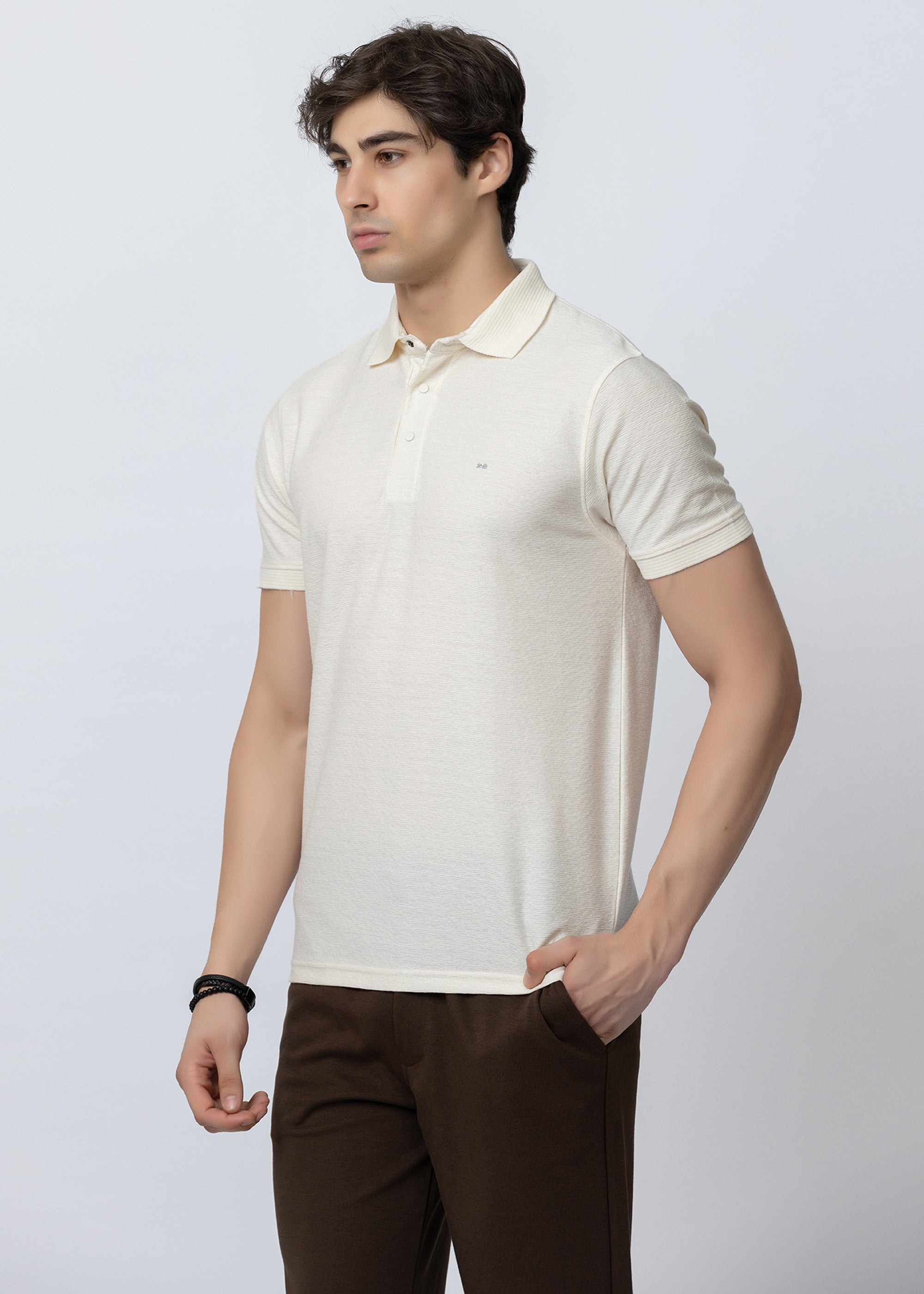 Off white Textured Cotton Polo T-Shirt
