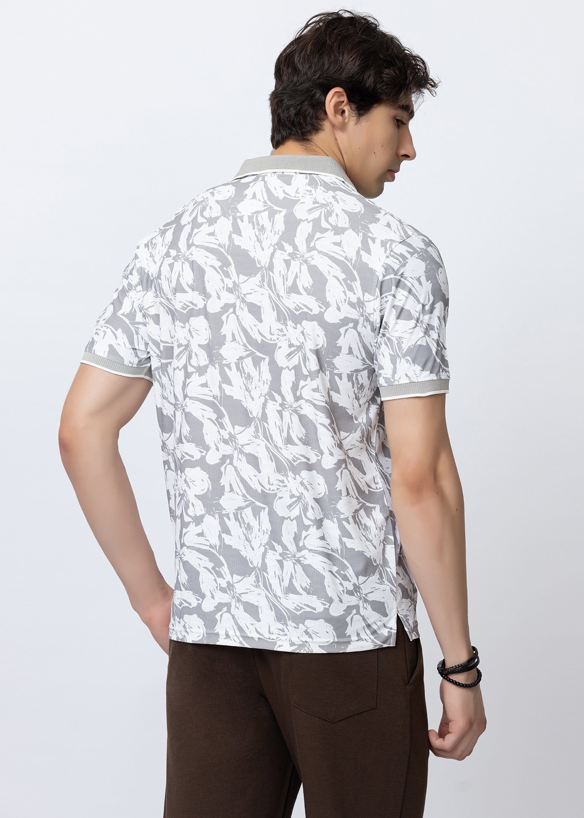 Grey Floral Printed Polo T-Shirt