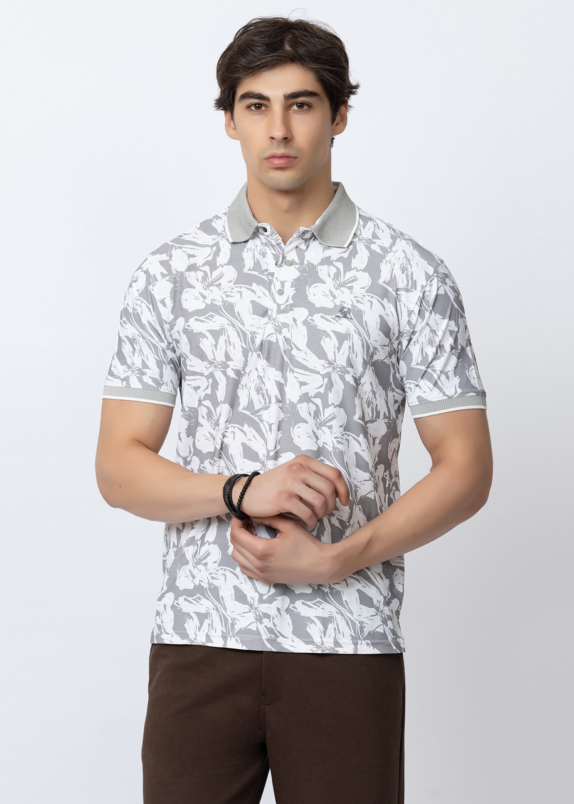 Grey Floral Printed Polo T-Shirt