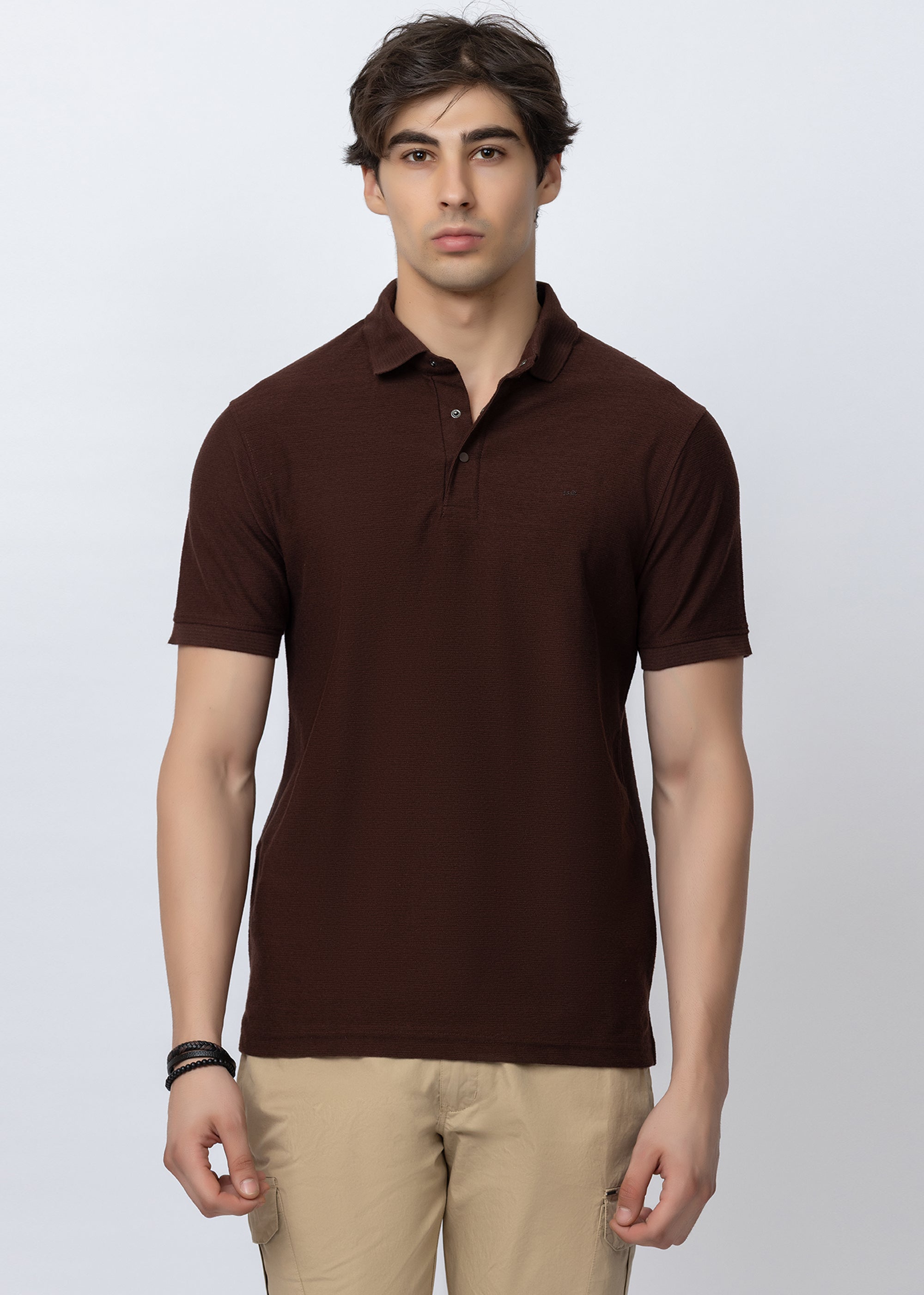 Coffee Textured Cotton Polo T-Shirt
