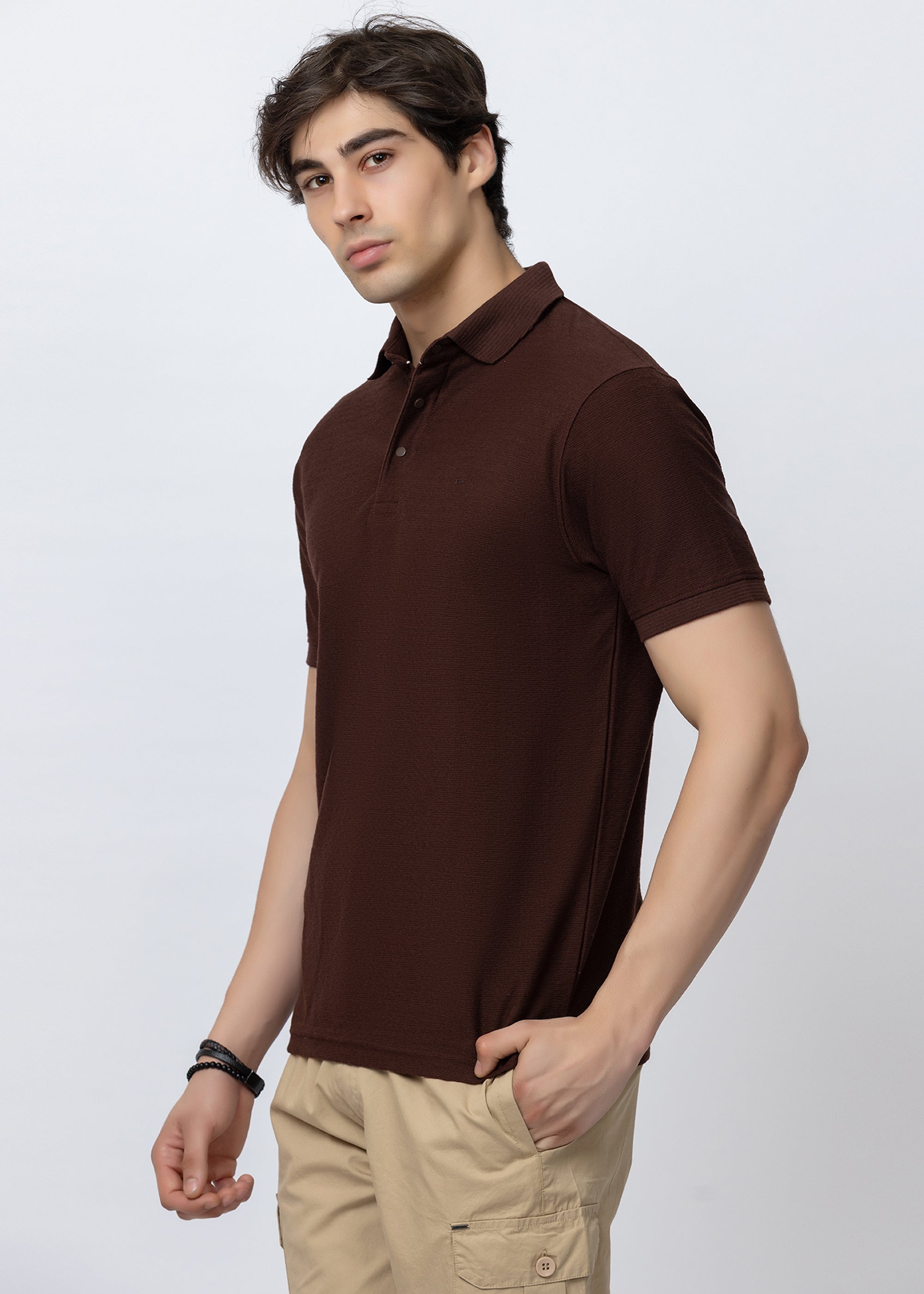 Coffee Textured Cotton Polo T-Shirt