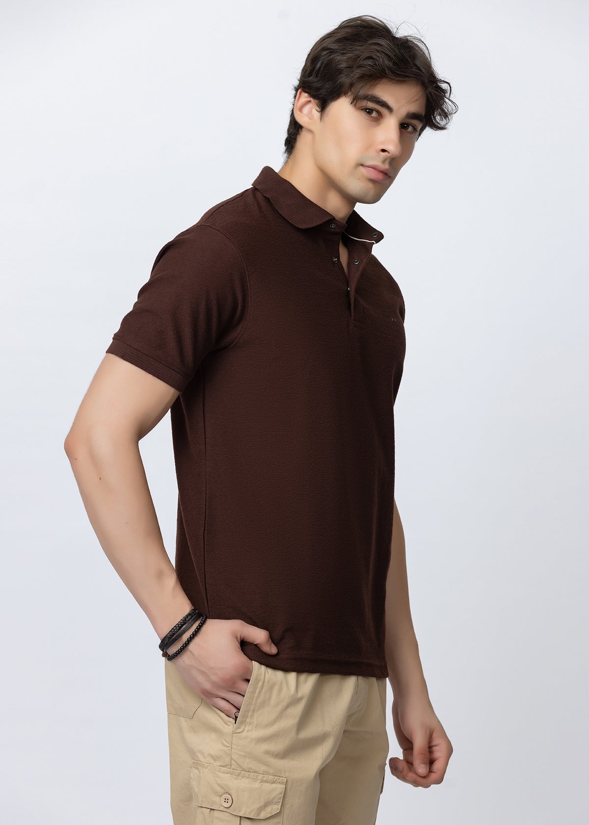 Coffee Textured Cotton Polo T-Shirt