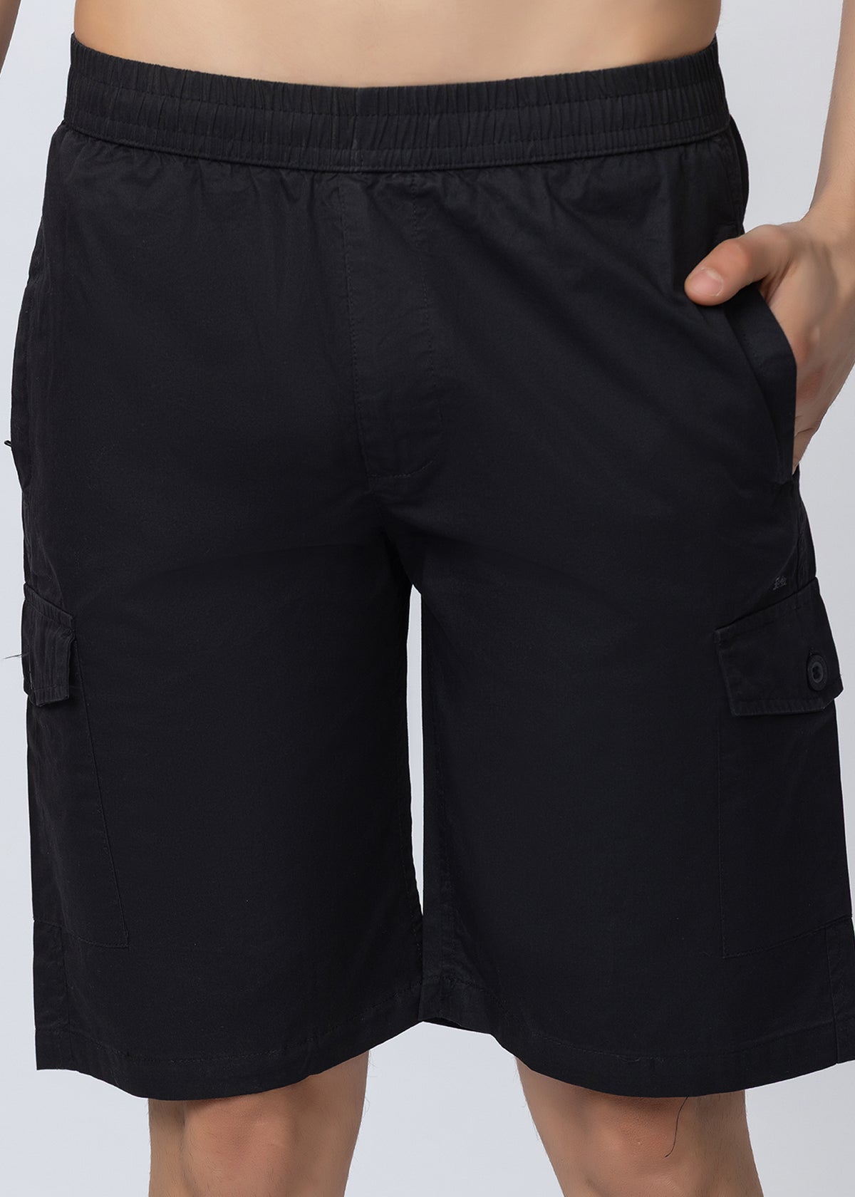BLACK SOLID COTTON UTILITY SHORTS