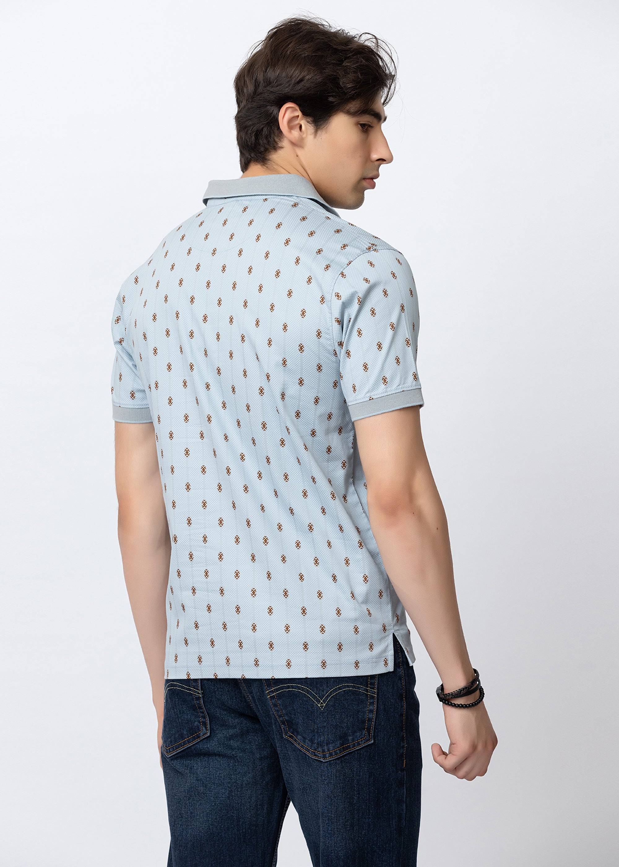 Blue Engineered Motif Textured Polo T-Shirt