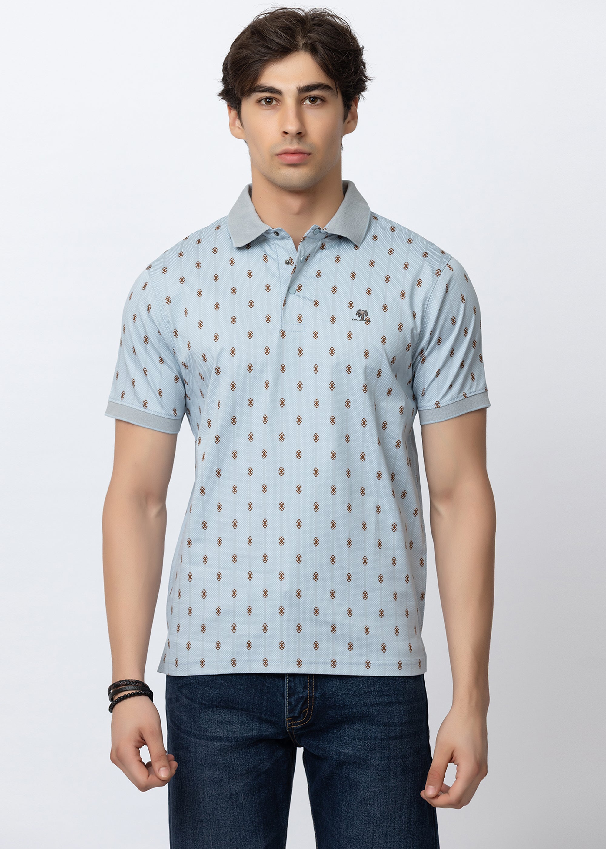 Blue Engineered Motif Textured Polo T-Shirt