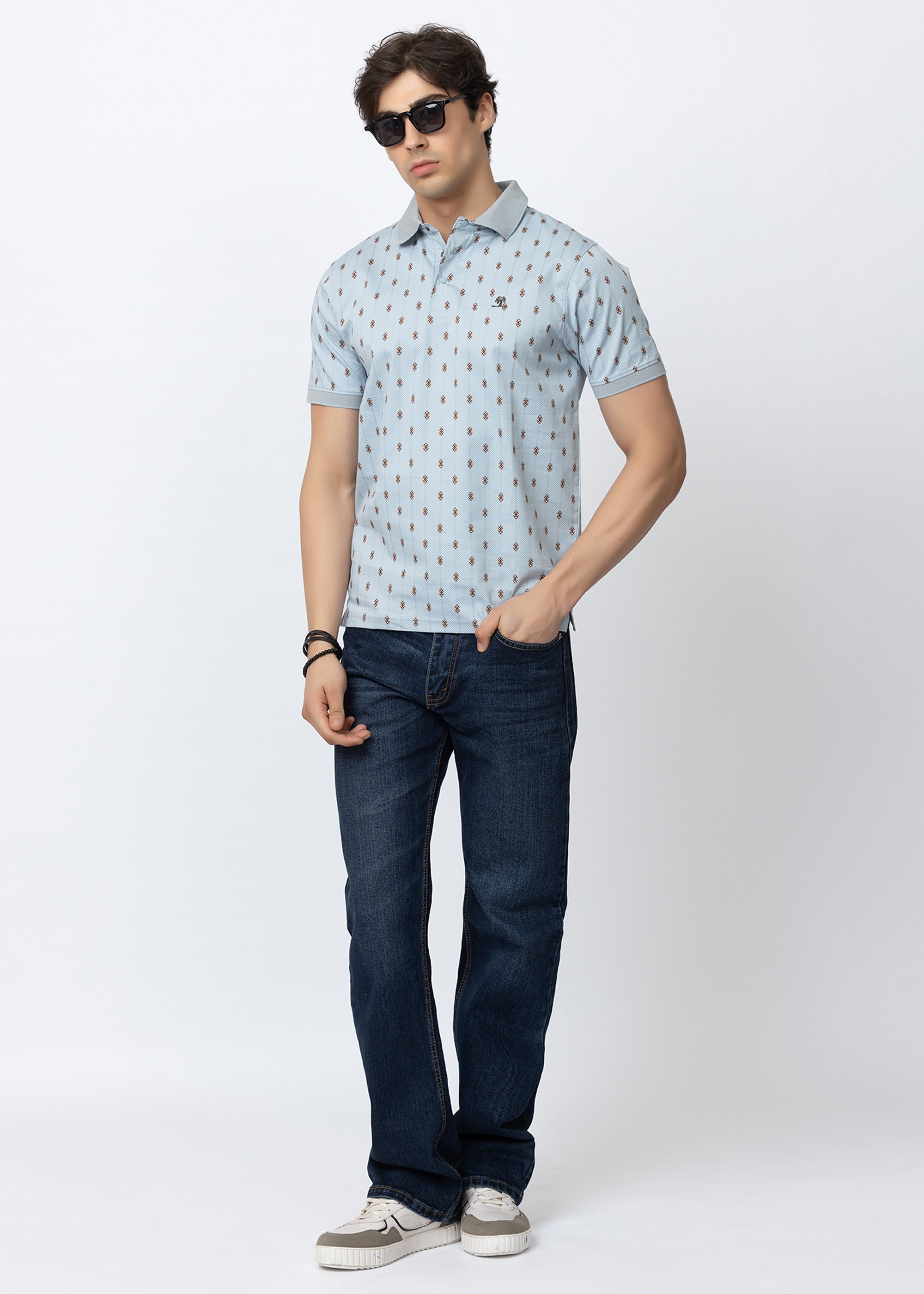 Blue Engineered Motif Textured Polo T-Shirt