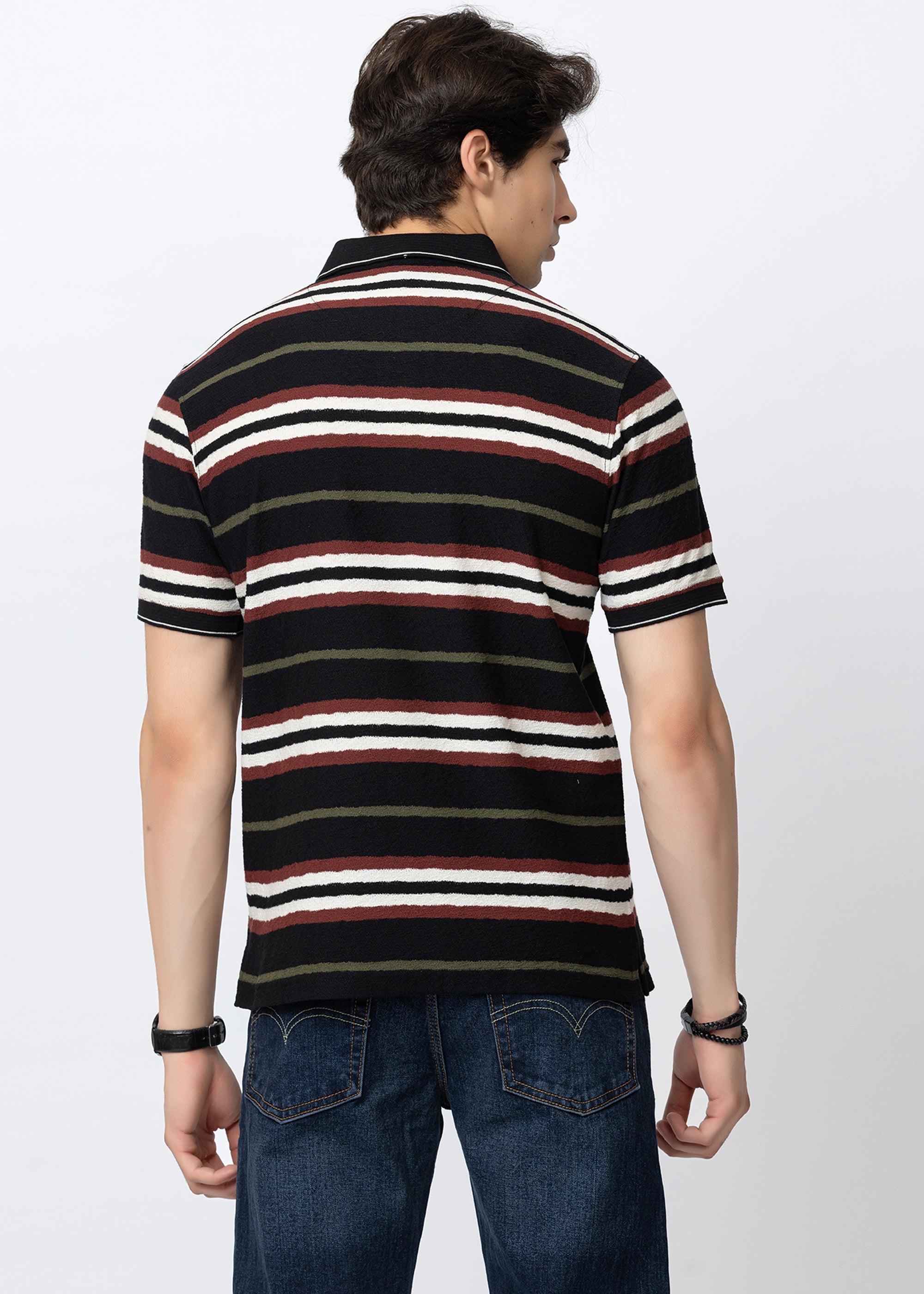 Black Textured Multi-Striped Polo T-Shirt