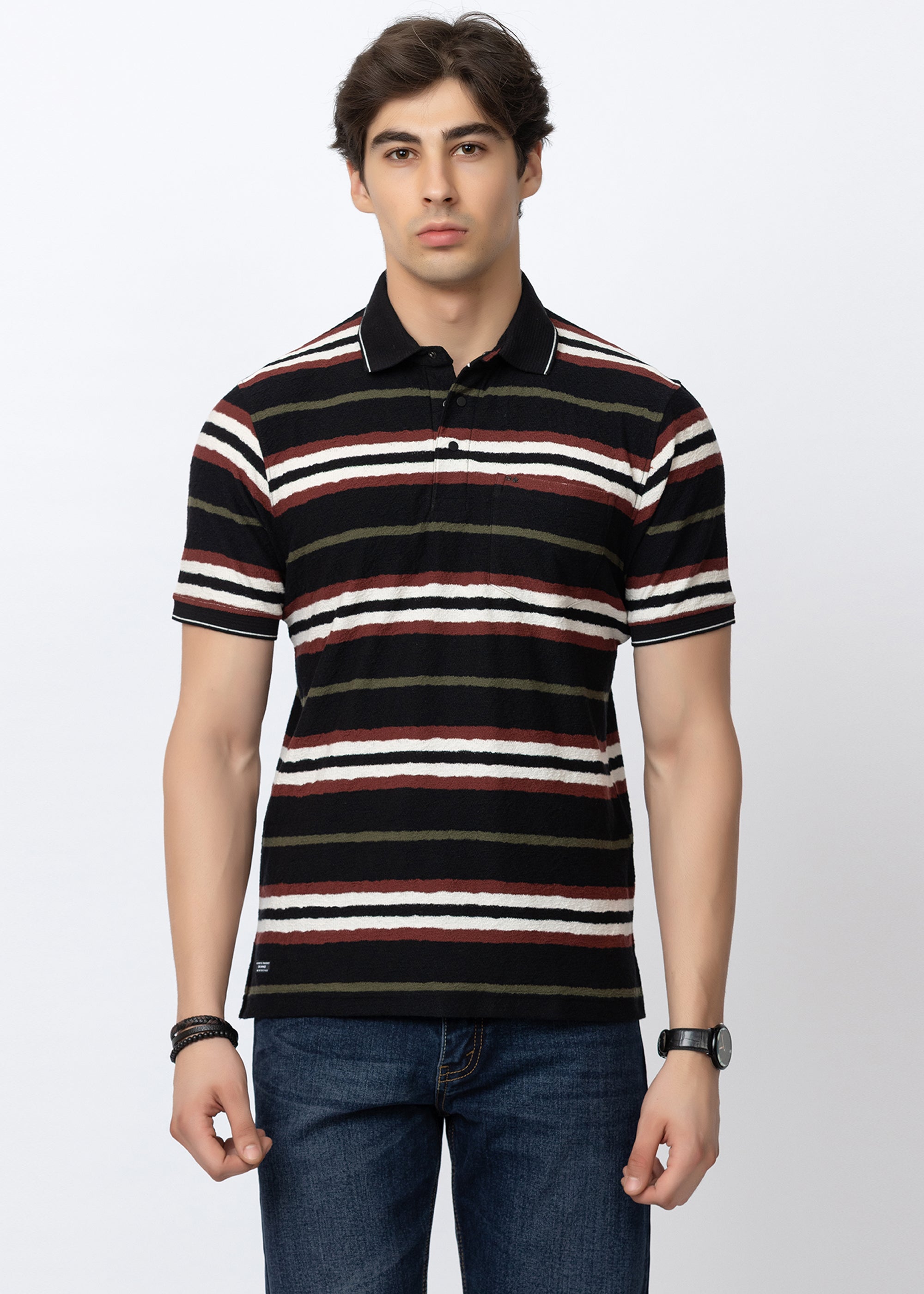 Black Textured Multi-Striped Polo T-Shirt