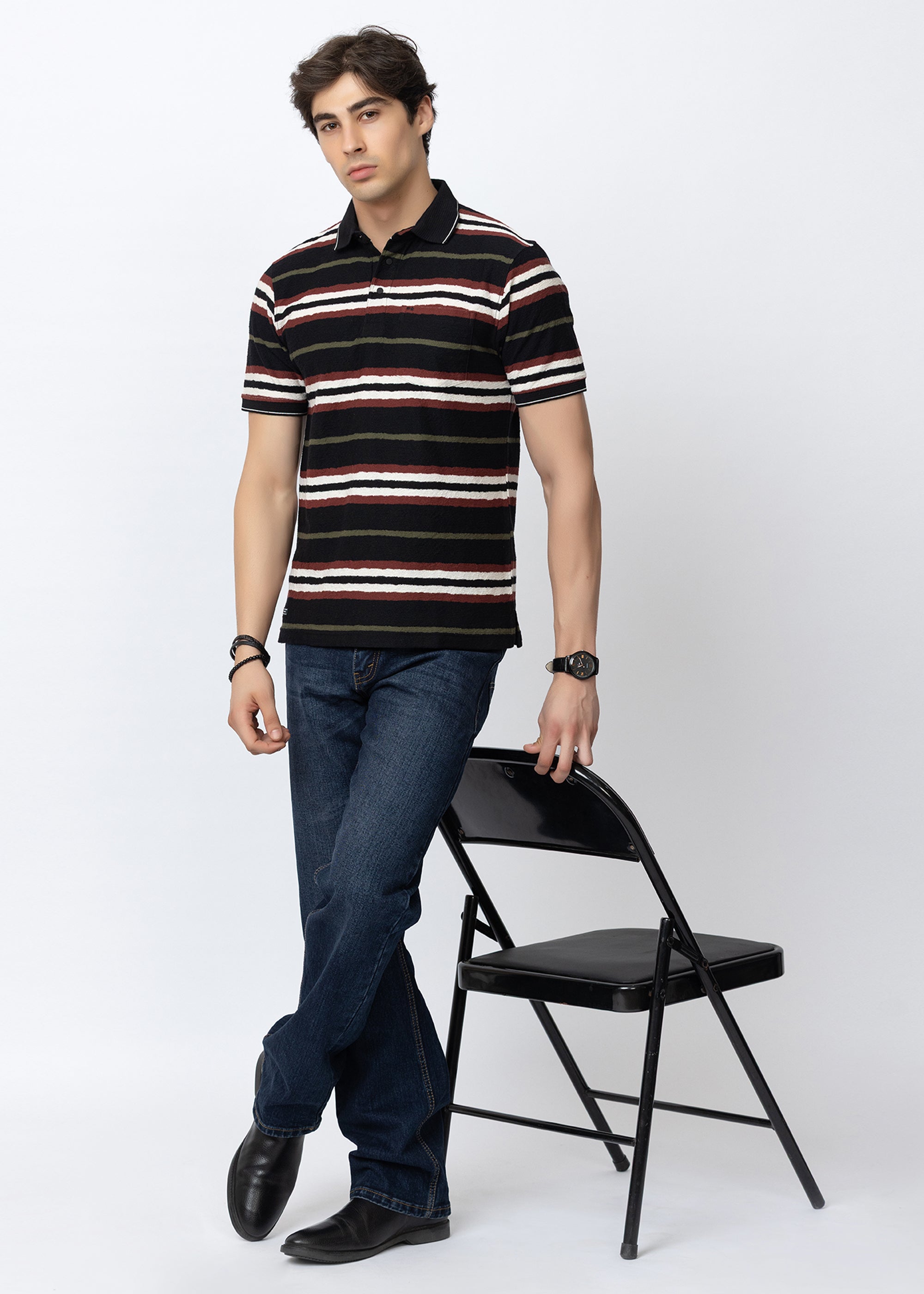 Black Striped Knit POLO t-SHIRT