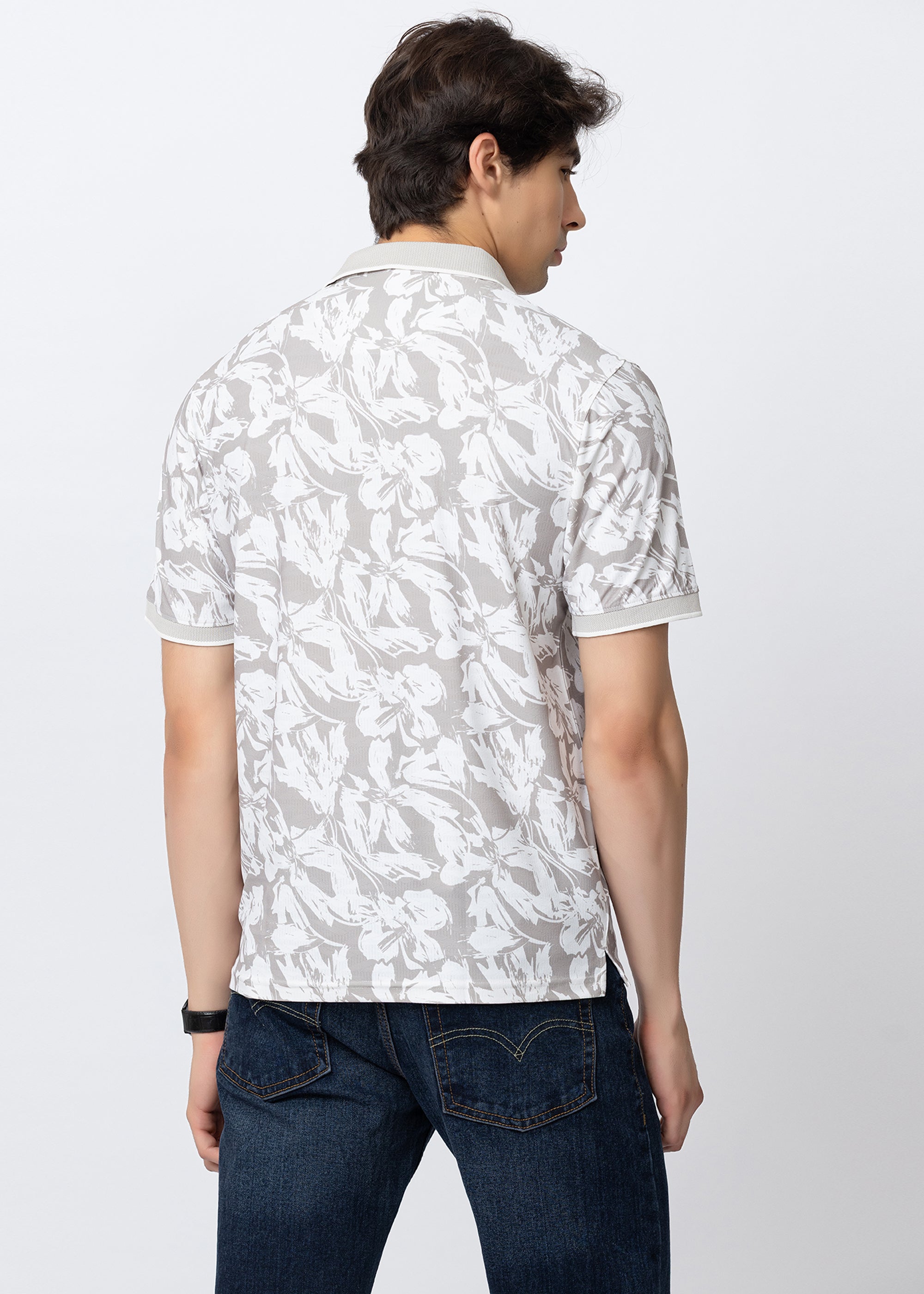 Beige Tropical Printed Polo T-Shirt