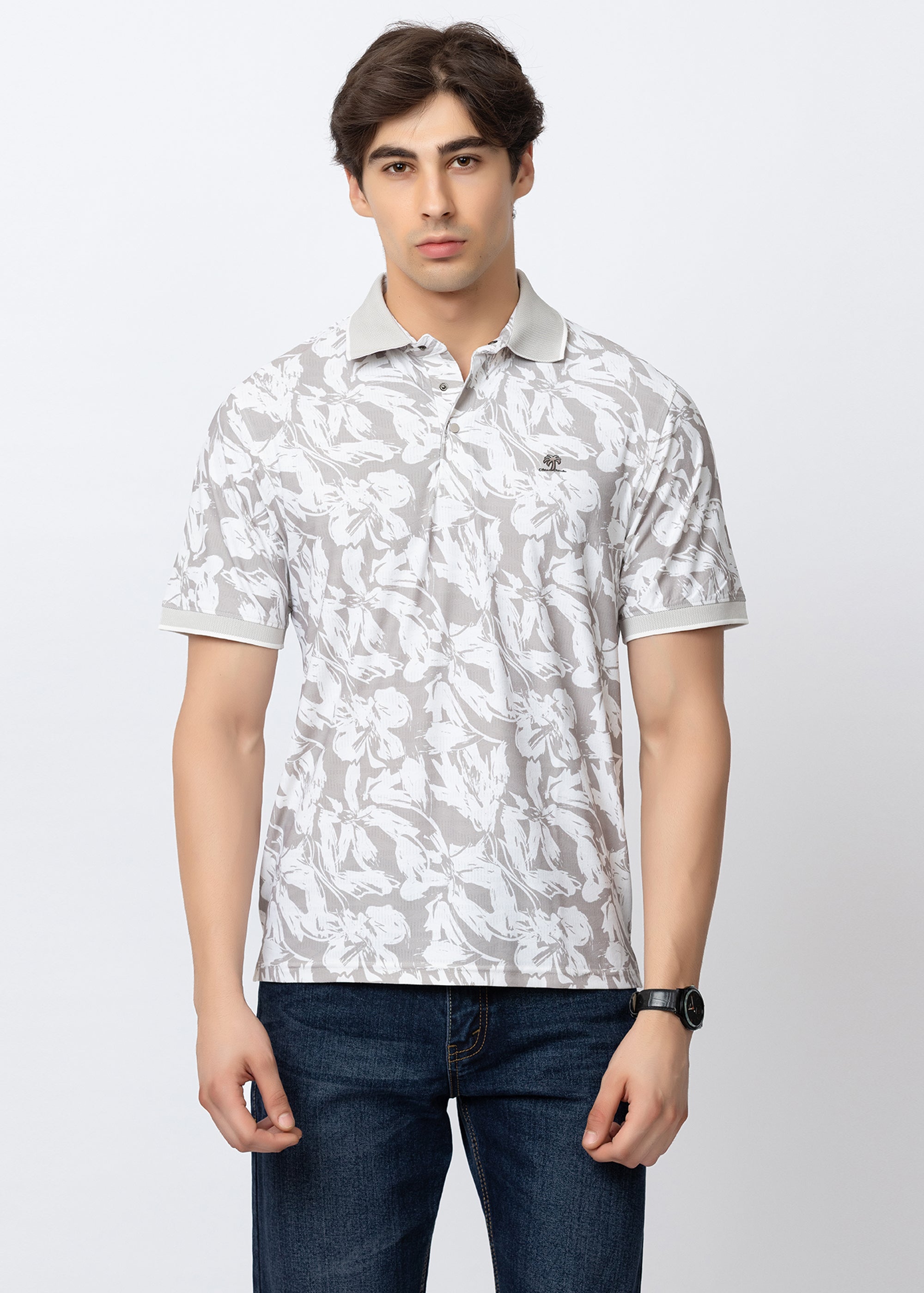 Beige Tropical Printed Polo T-Shirt