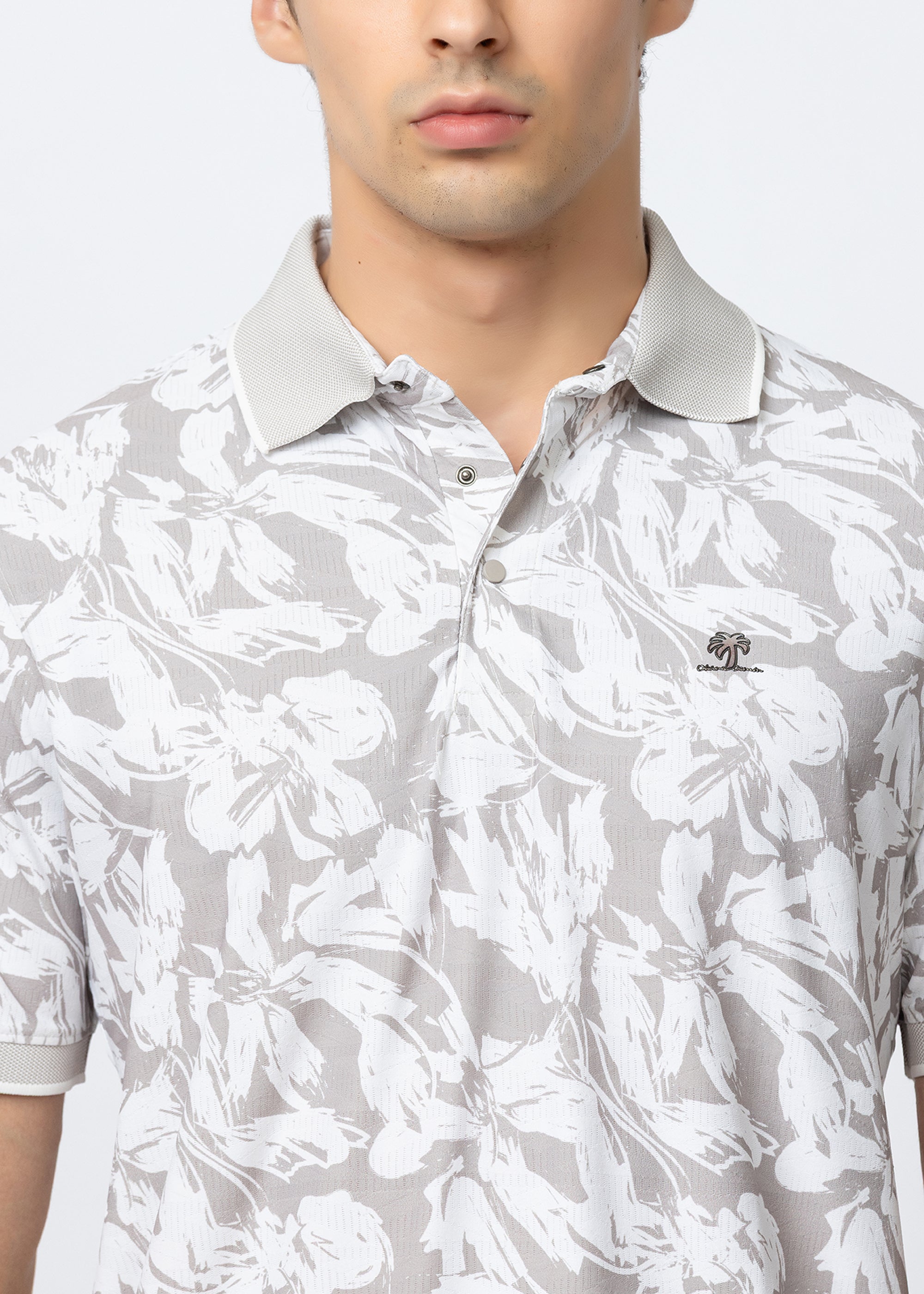 Beige Tropical Printed Polo T-Shirt