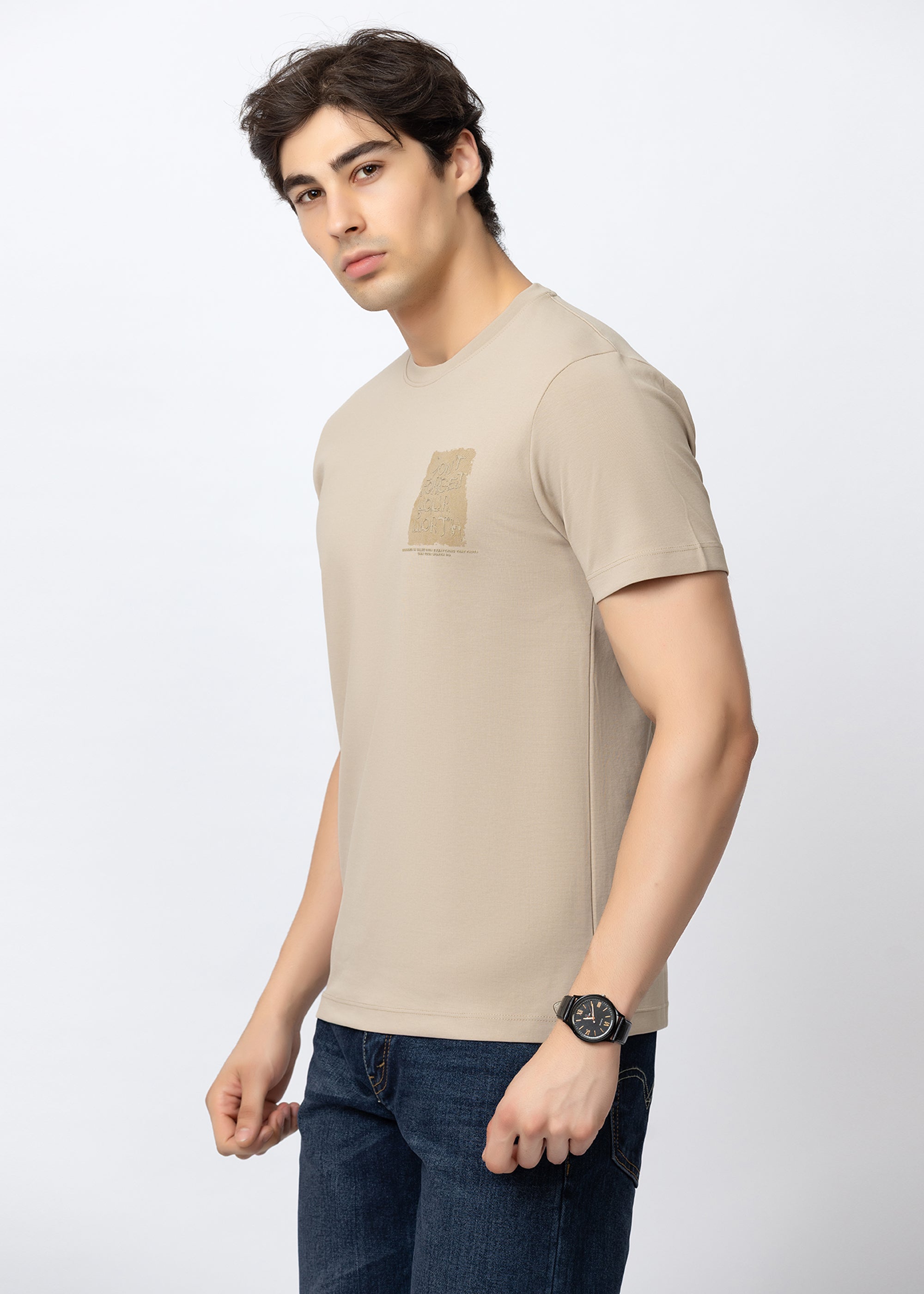 Beige Graphic Crew Neck T-Shirt