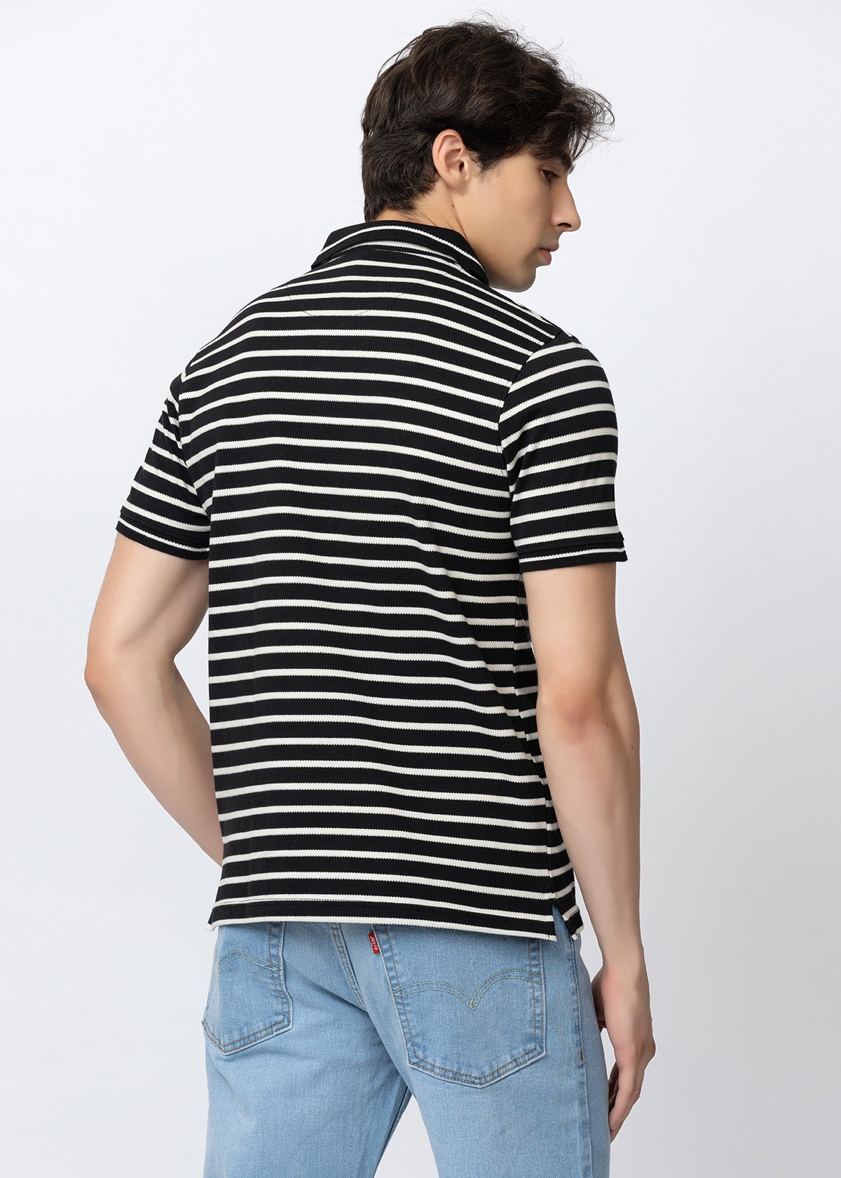 Black Classic Striped Cotton Polo T-Shirt