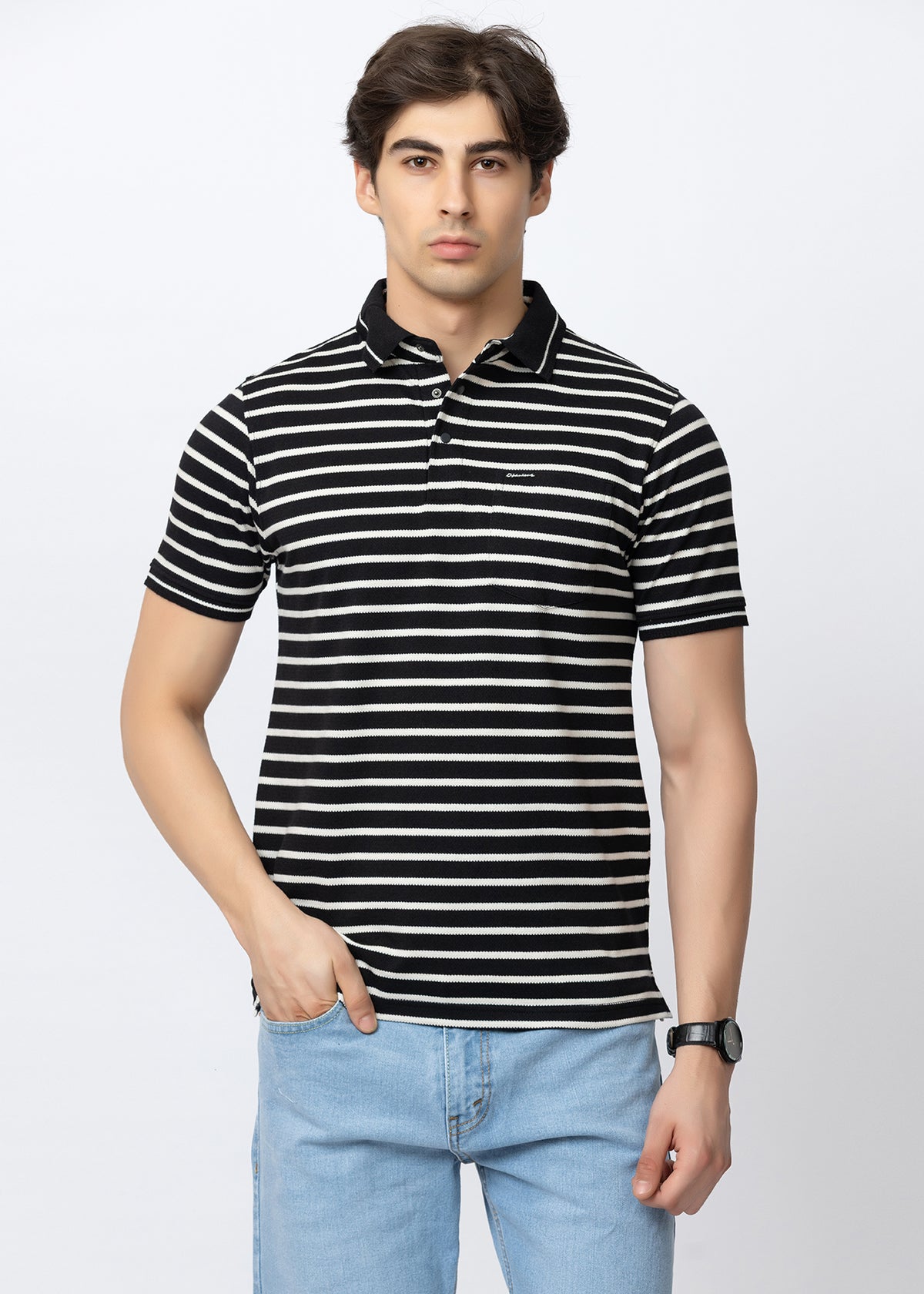 Black Classic Striped Cotton Polo T-Shirt