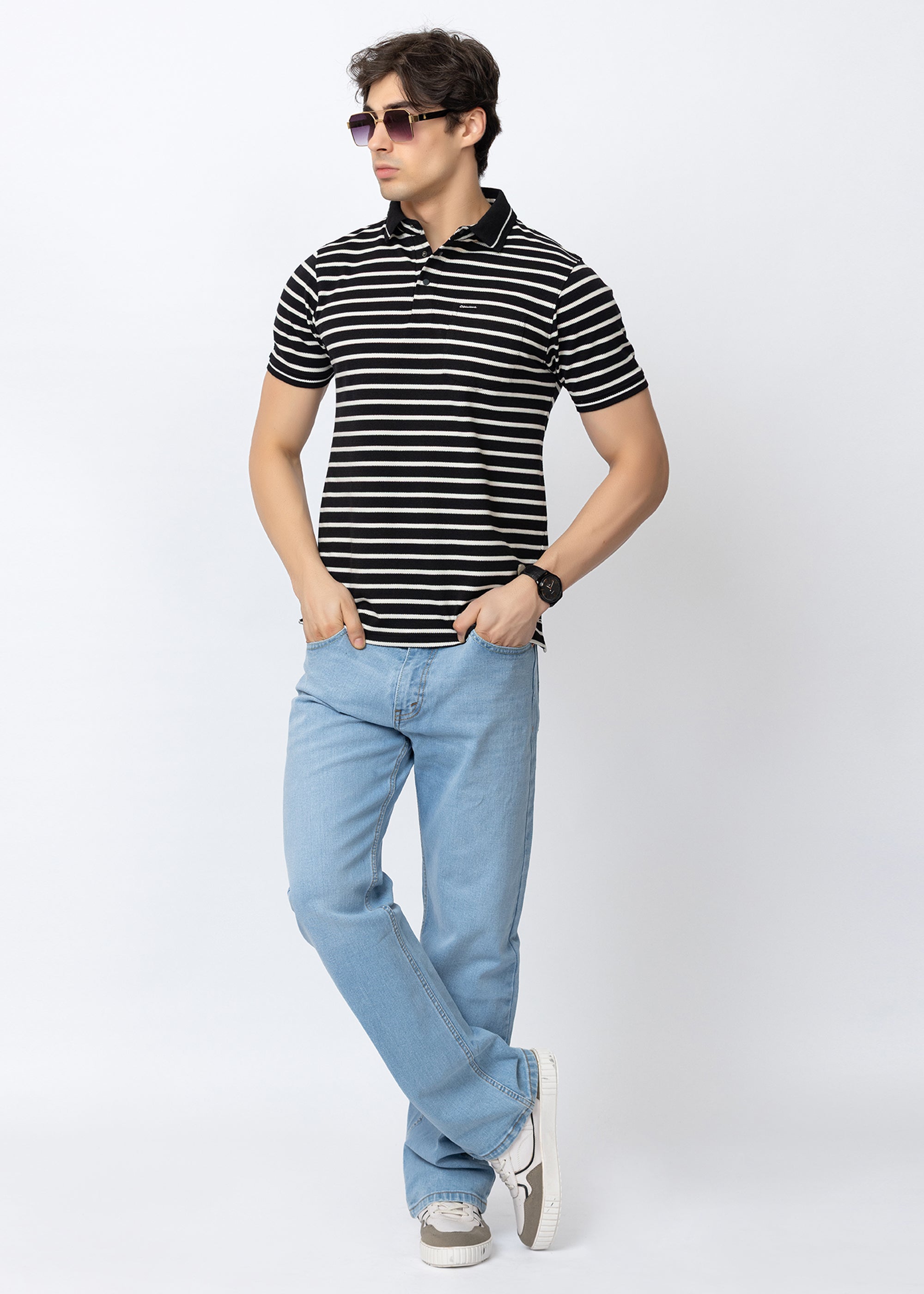 Black Classic Striped Cotton Polo T-Shirt
