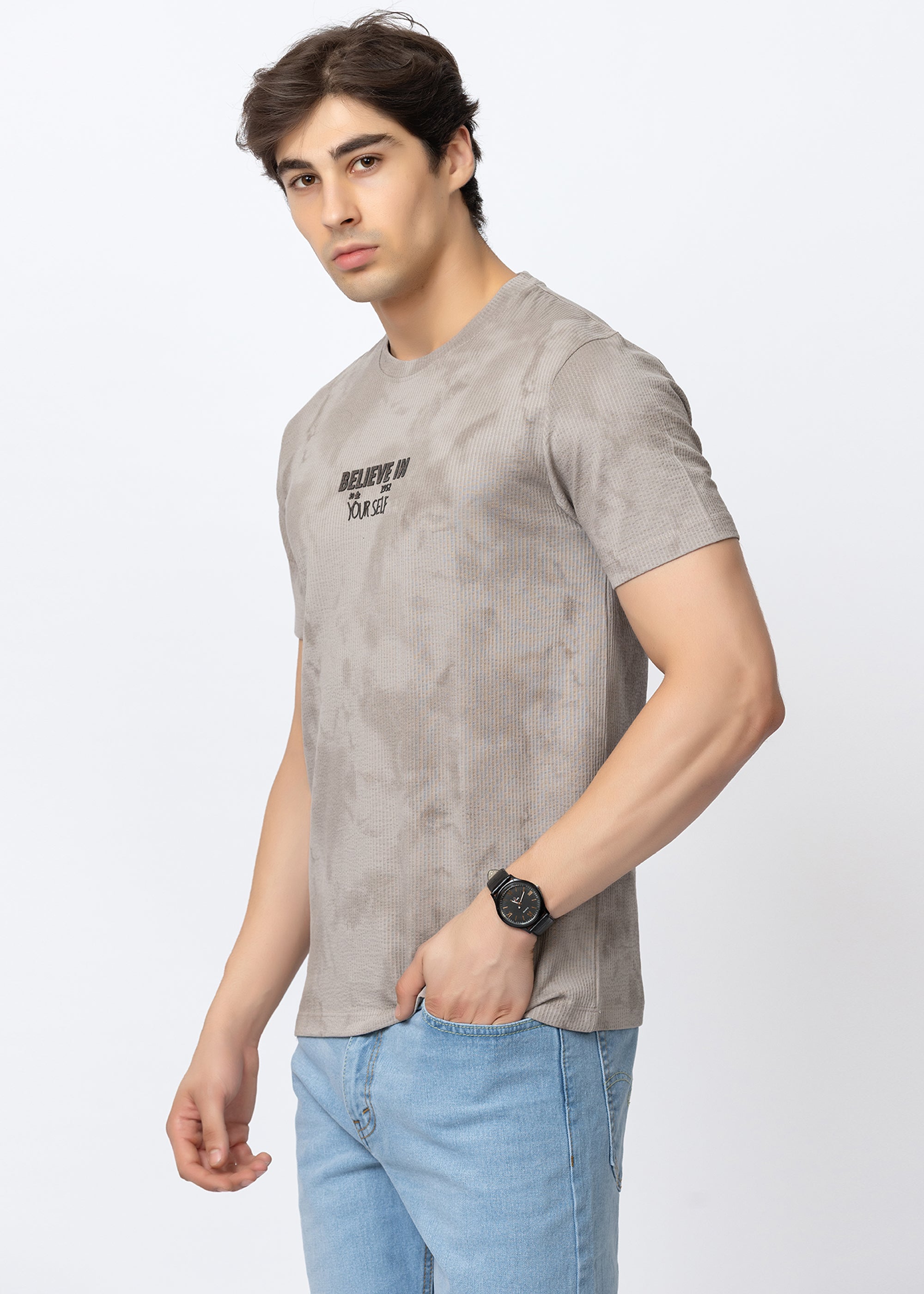 Grey Textured Tie-Dye Crew Neck T-Shirt