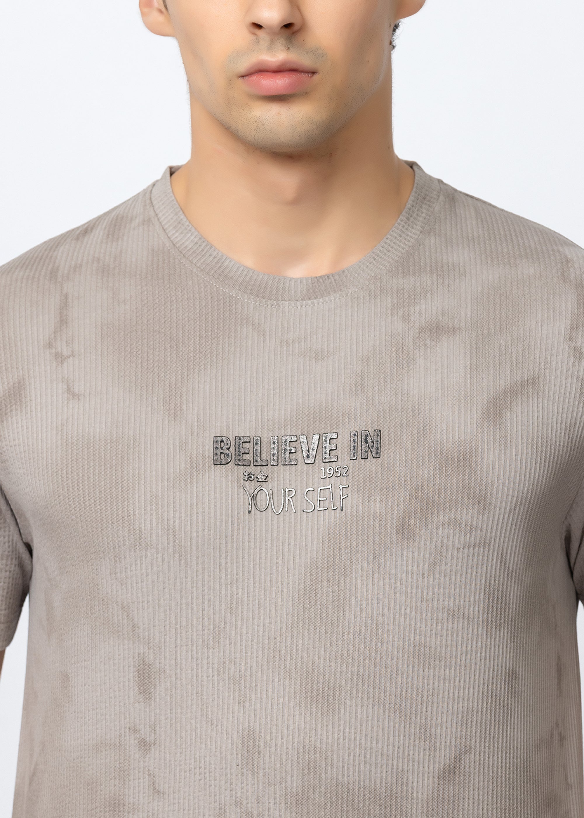 Grey Textured Tie-Dye Crew Neck T-Shirt