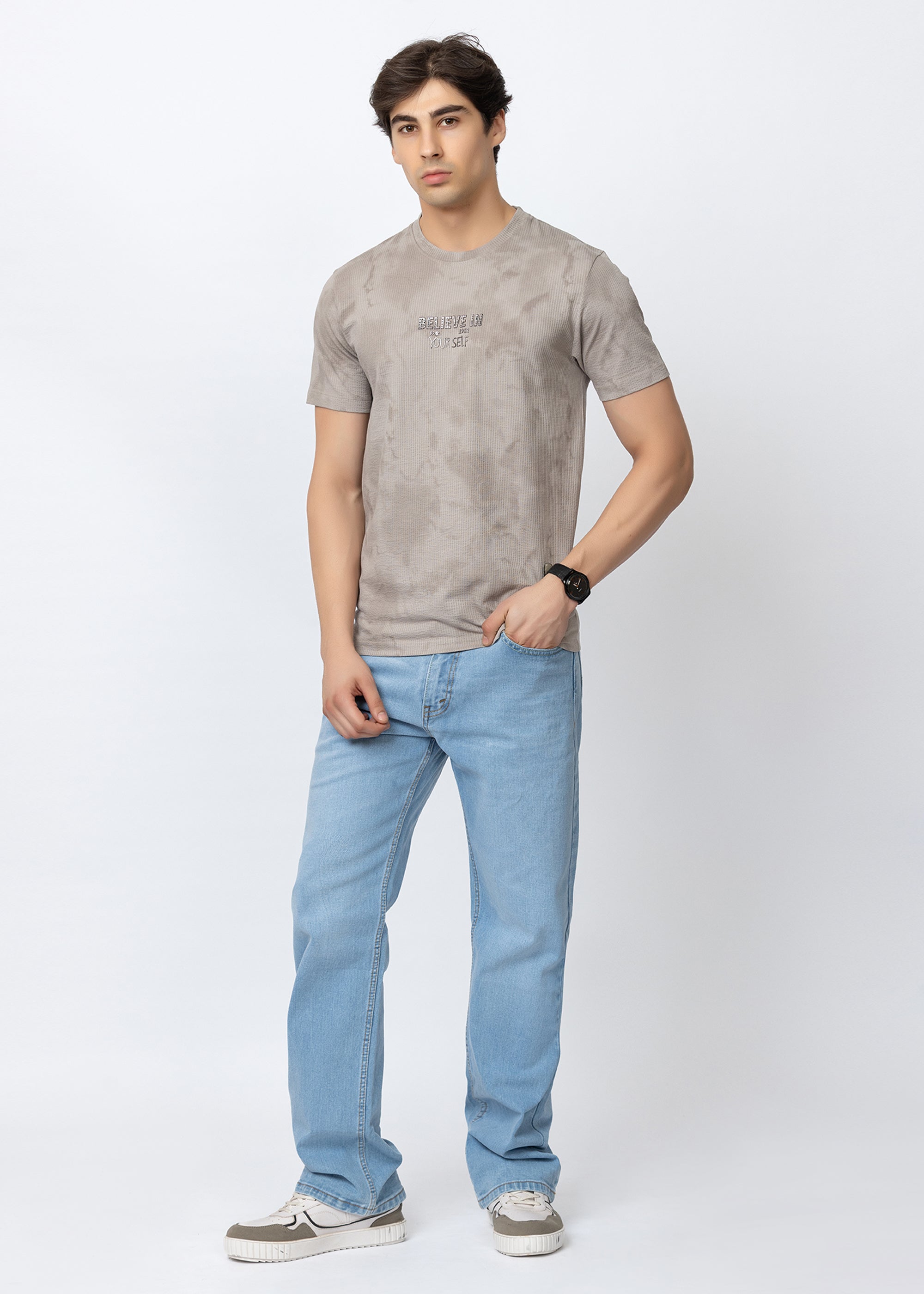 Grey Textured Tie-Dye Crew Neck T-Shirt