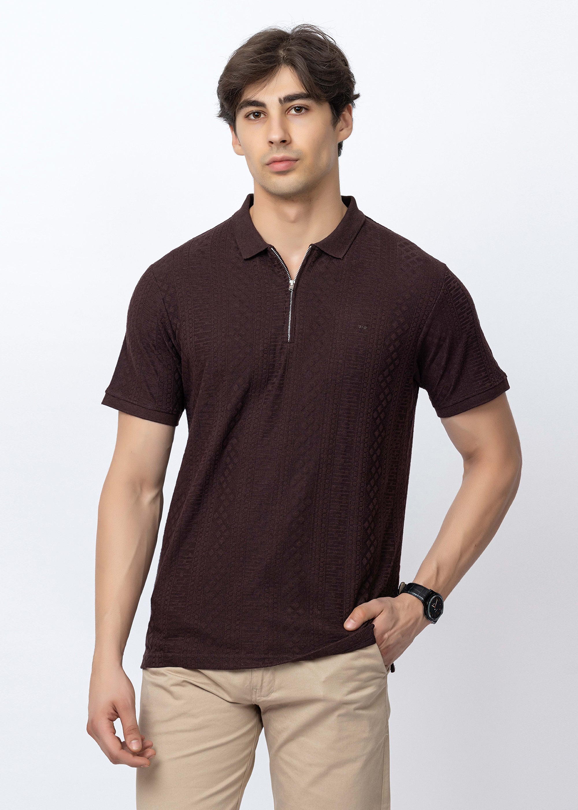 COFFEE COTTON ELASTANE ZIPPER POLO SHIRT