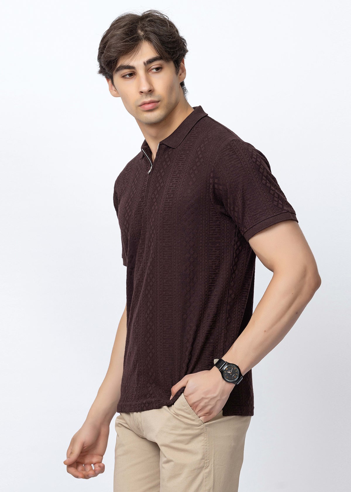 COFFEE COTTON ELASTANE ZIPPER POLO SHIRT