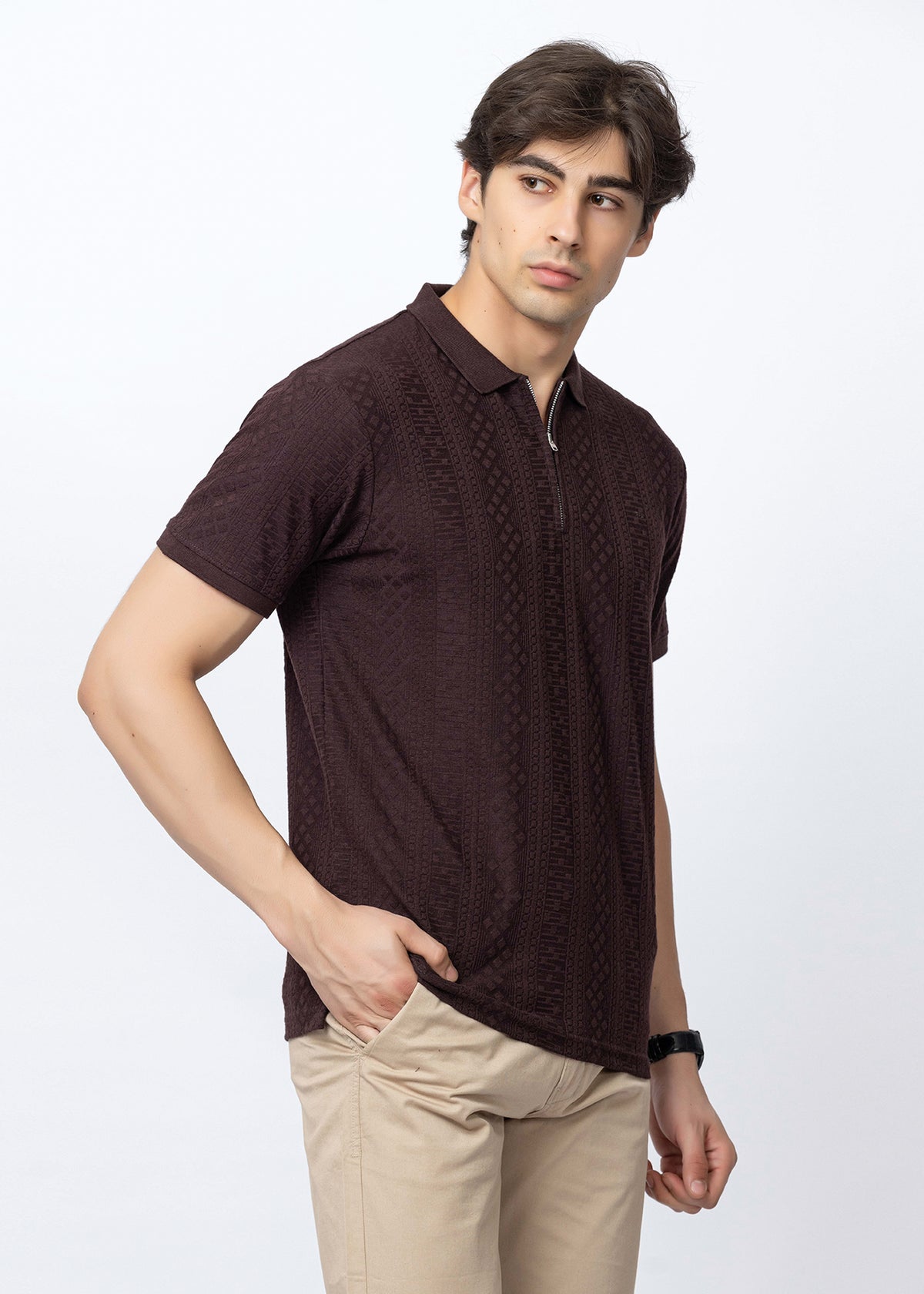 COFFEE COTTON ELASTANE ZIPPER POLO SHIRT