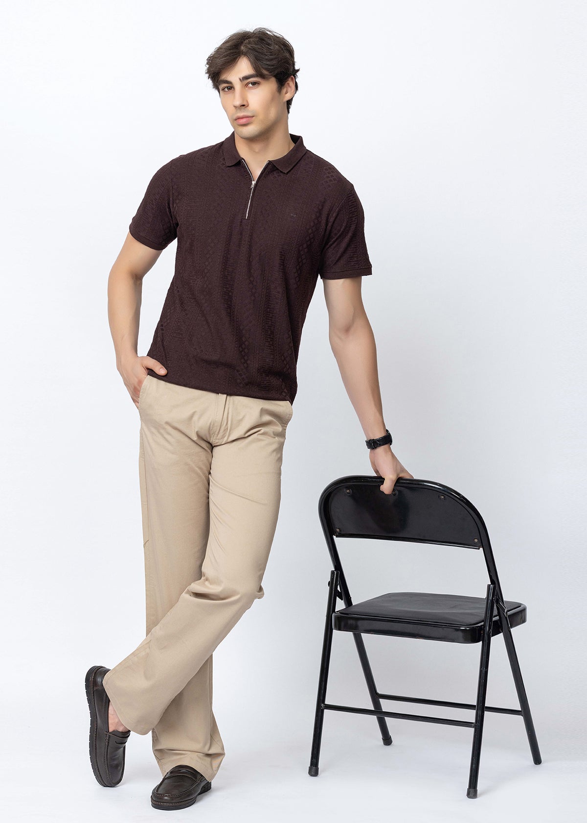 COFFEE COTTON ELASTANE ZIPPER POLO SHIRT