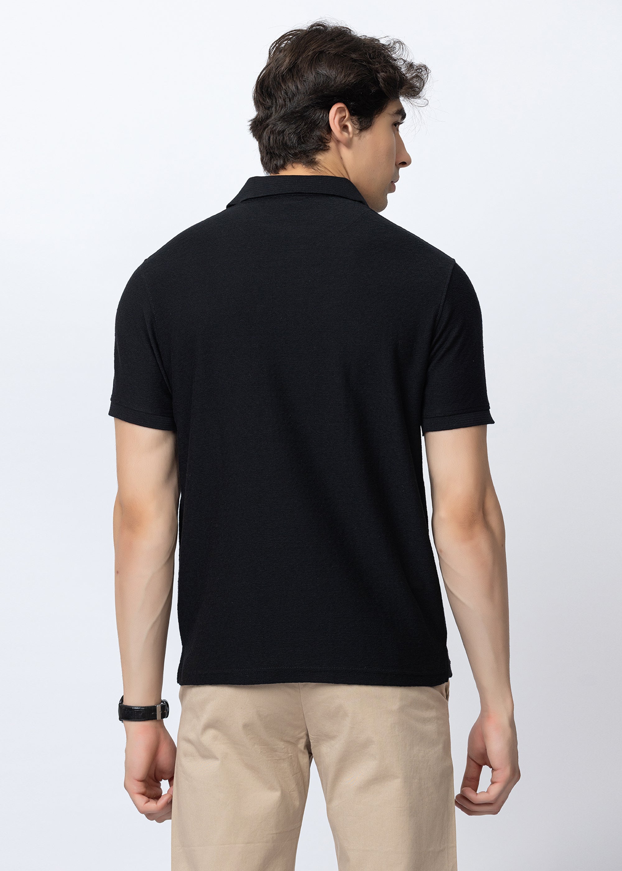 Black Textured Cotton Polo T-Shirt