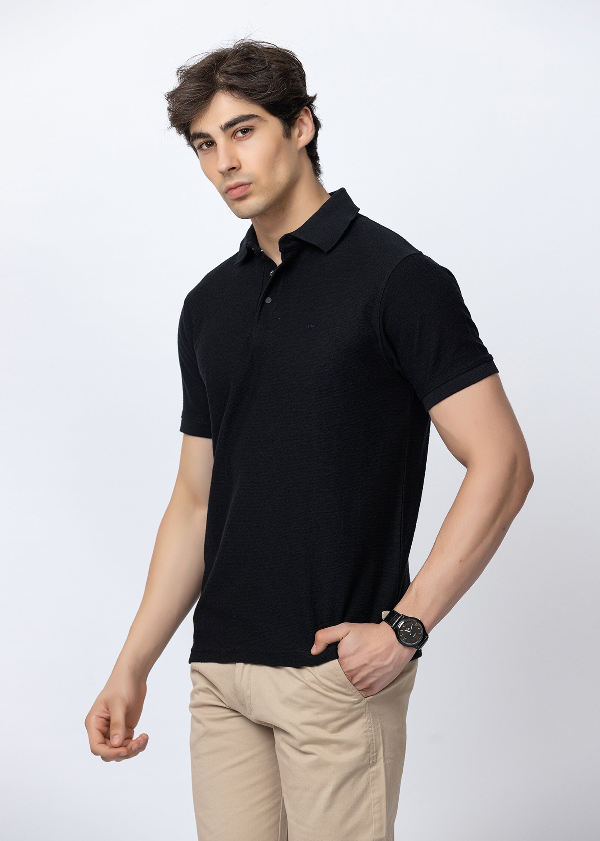 Black Textured Cotton Polo T-Shirt