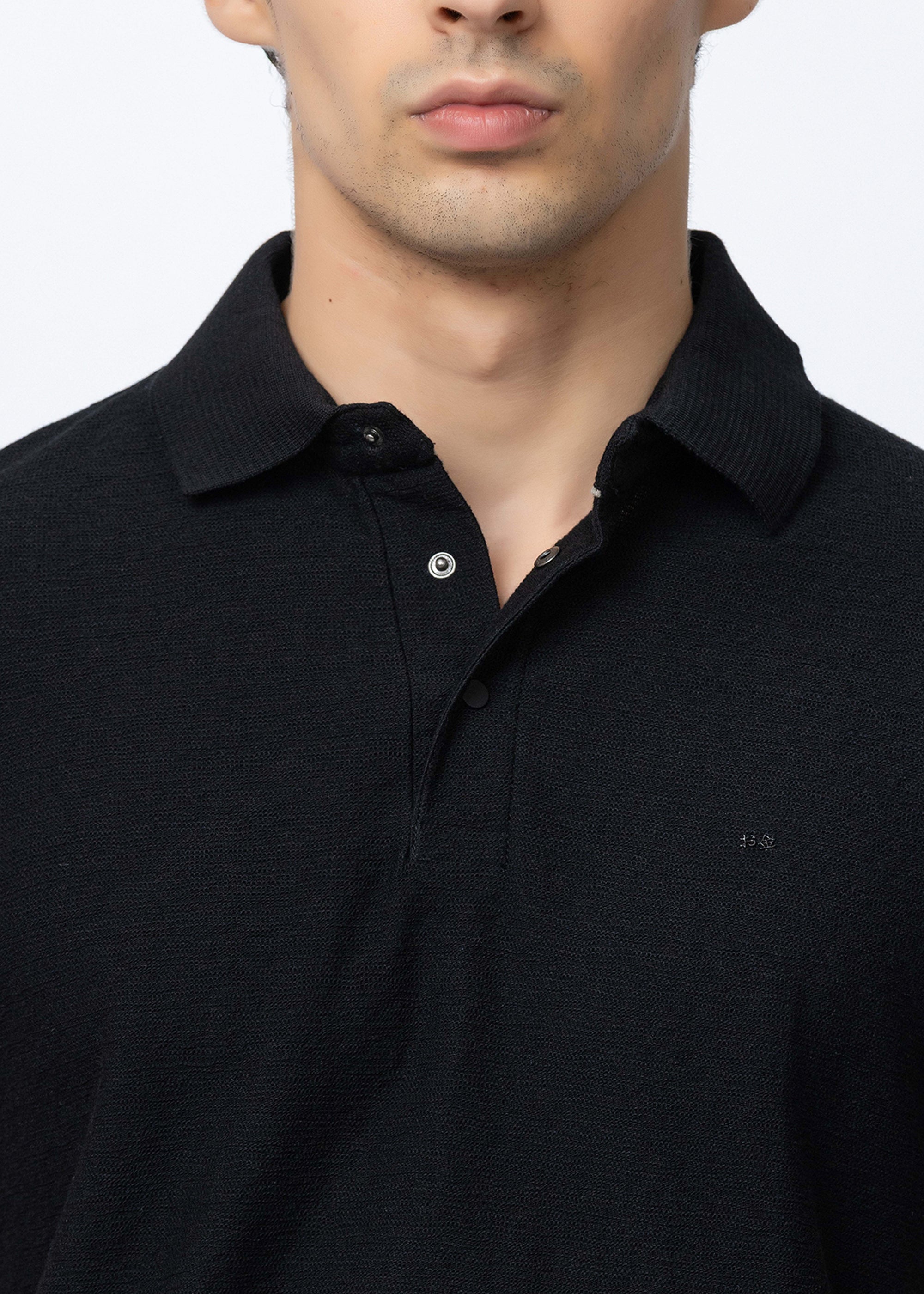 Black Textured Cotton Polo T-Shirt