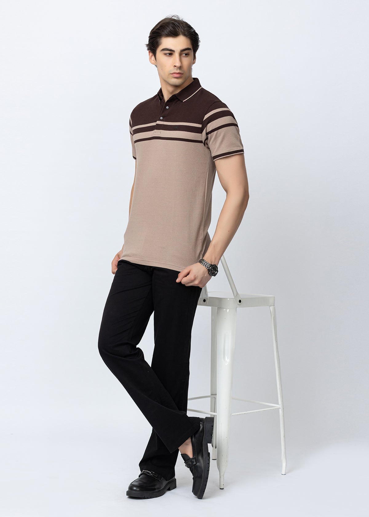 COFFEE Contrast Stripe Knit Polo Shirt