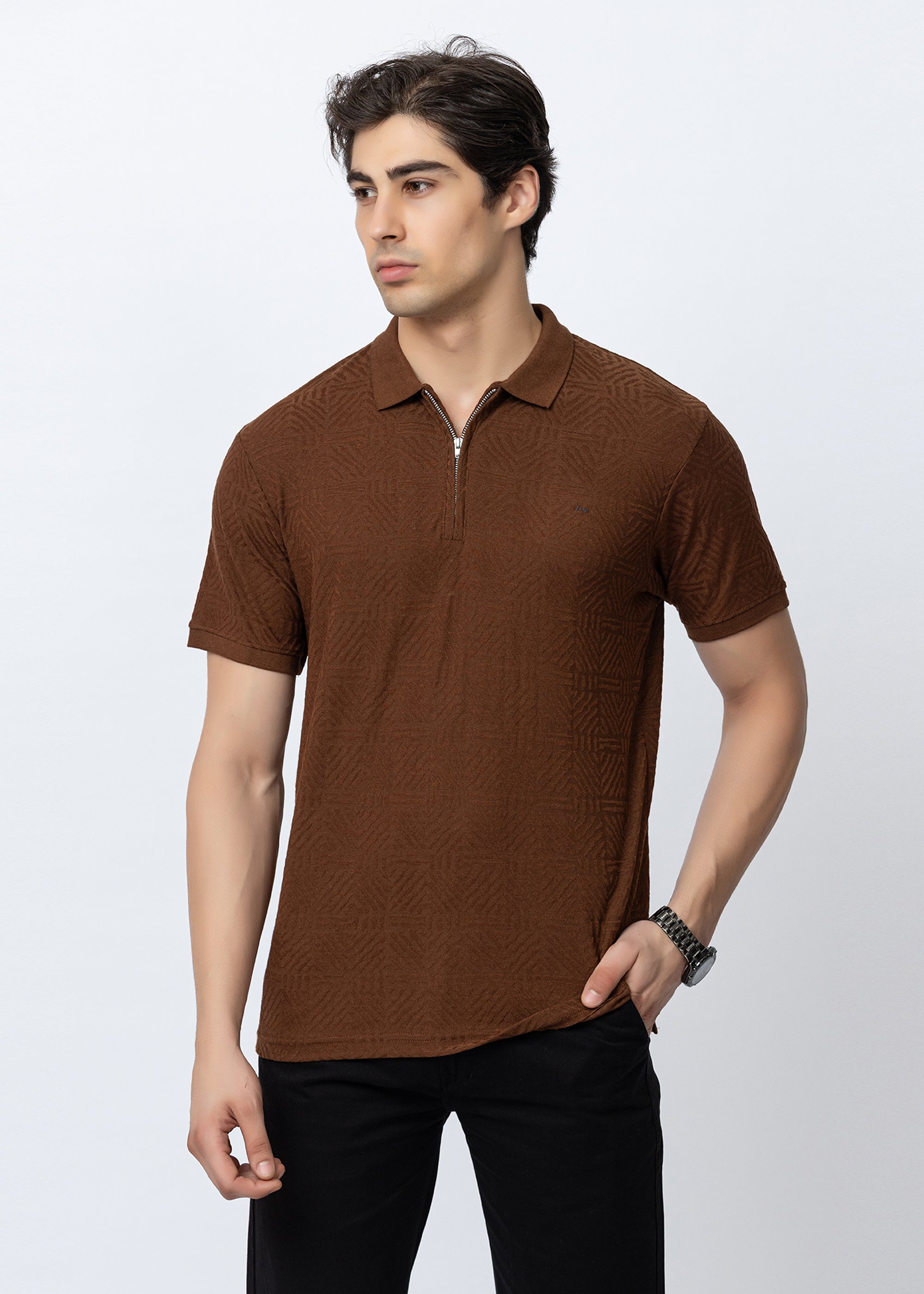 Tan Textured Zipper Polo Shirt