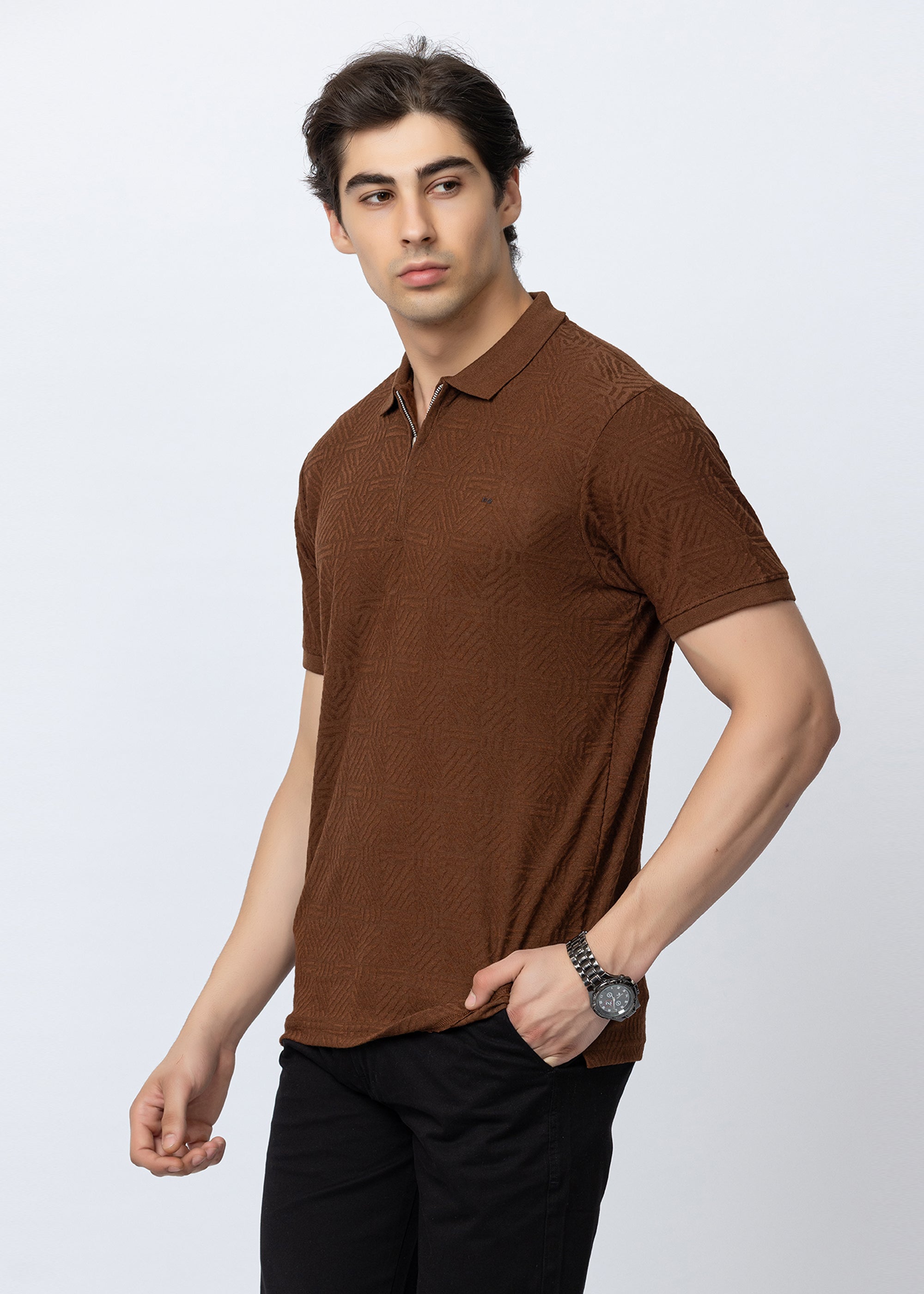 Tan Textured Zipper Polo Shirt