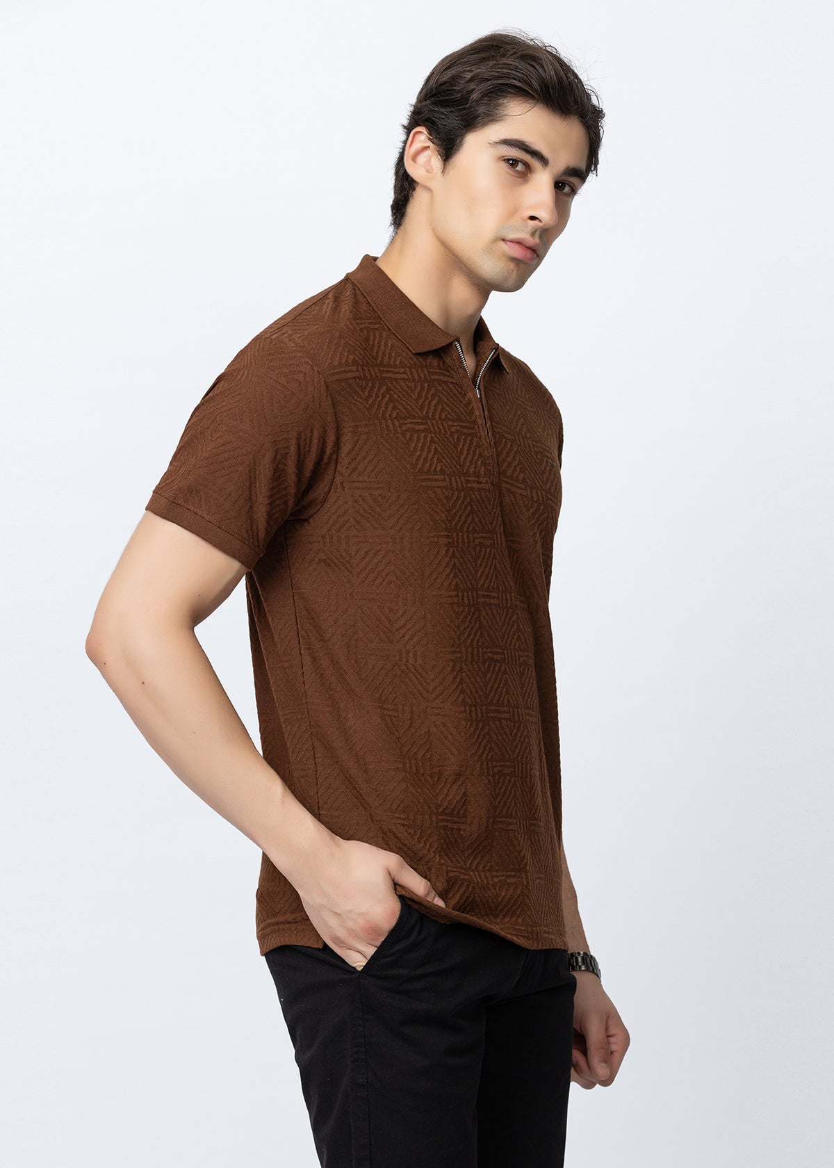 Mens Tan Textured Geometric Zip-Neck Polo T-Shirt
