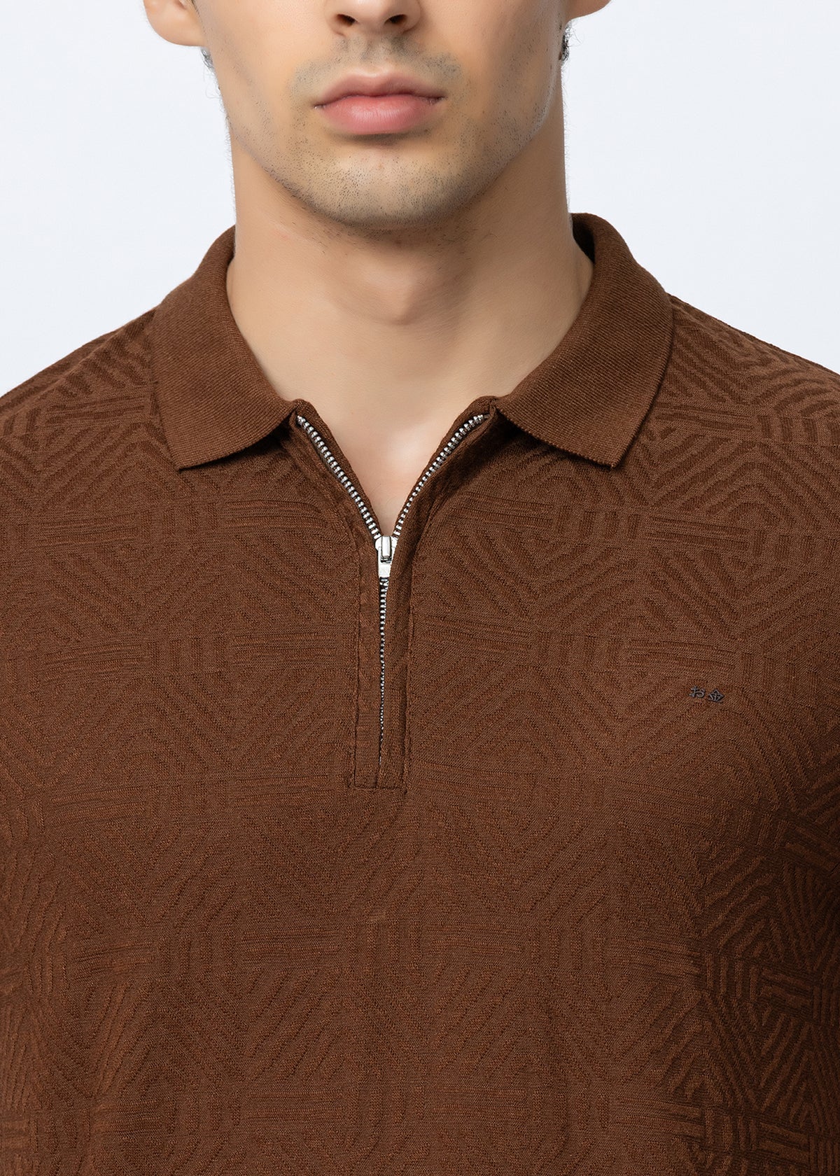 Mens Tan Textured Geometric Zip-Neck Polo T-Shirt