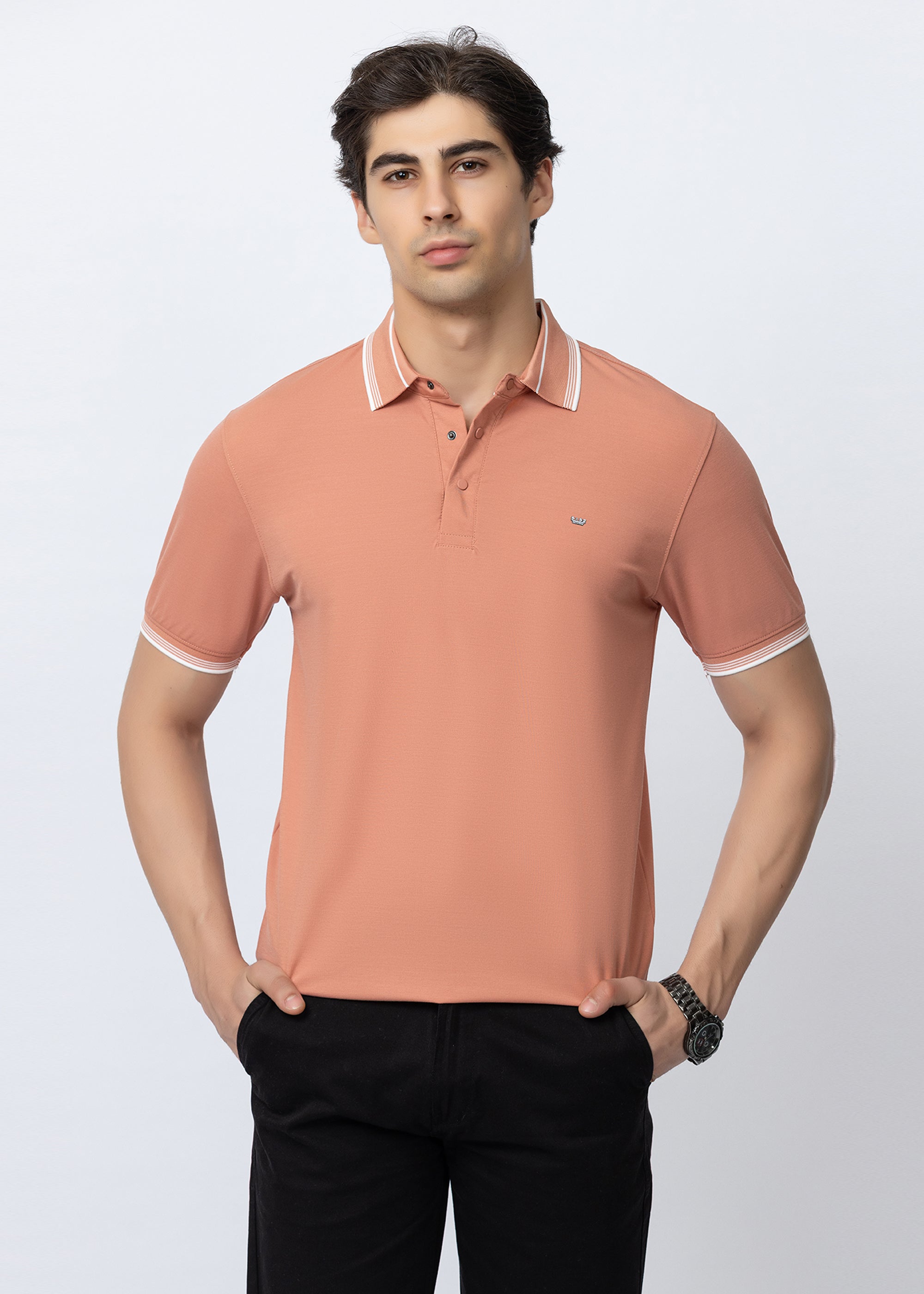 Peach Contrast-Tipped Polo T-Shirt