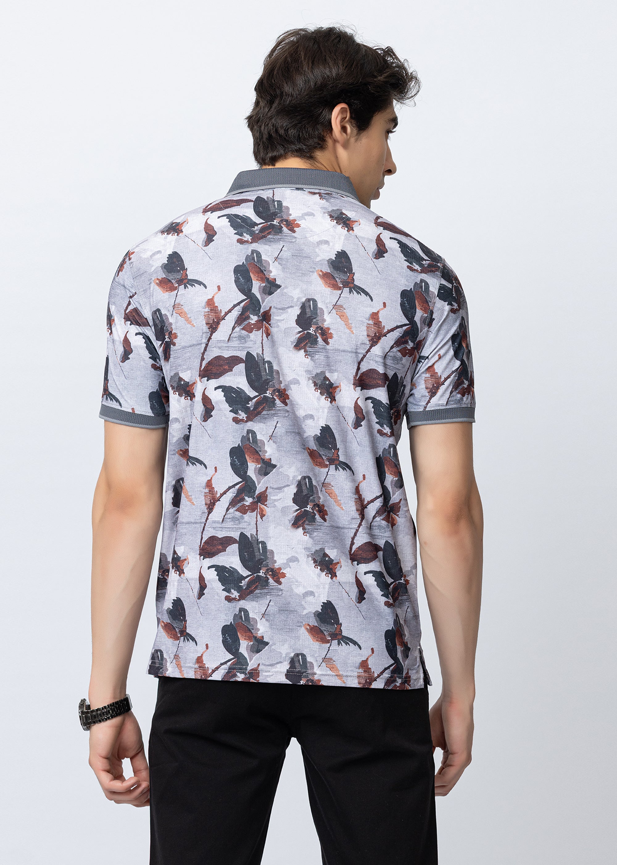 Grey Printed Botanical Polo T-Shirt