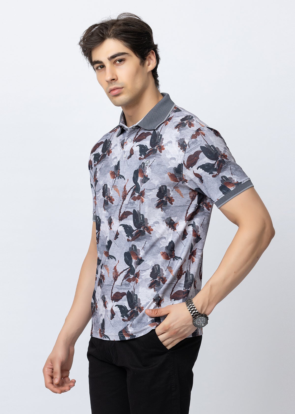 Grey Printed Botanical Polo T-Shirt