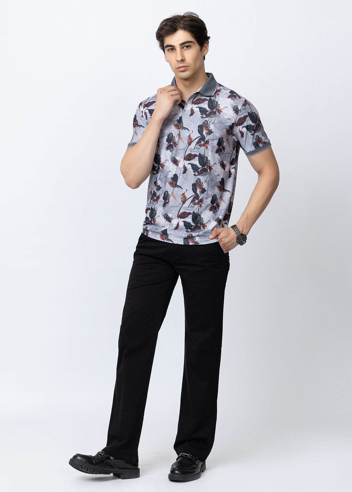 Grey Printed Botanical Polo T-Shirt