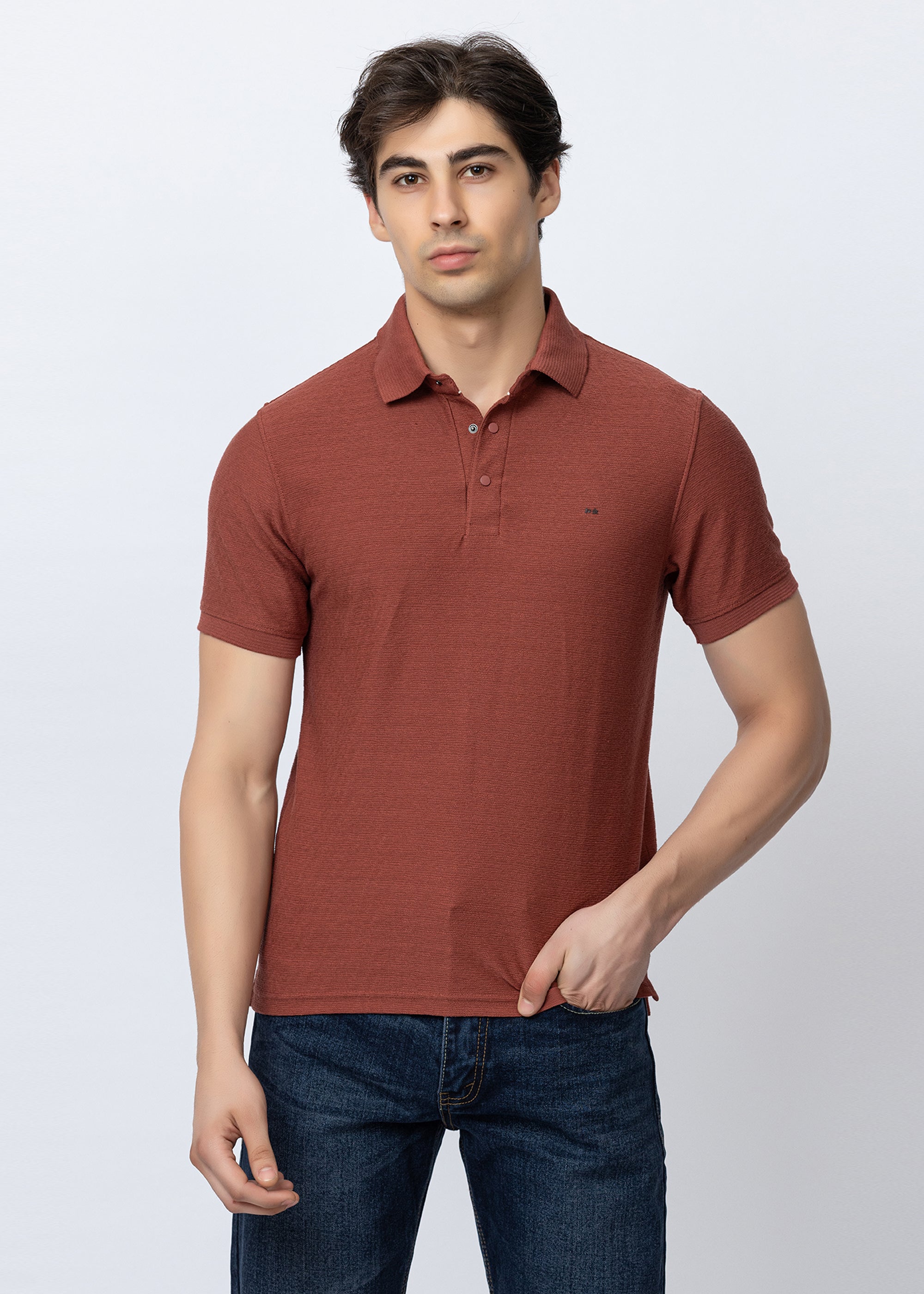 Rust Textured Cotton Polo T-Shirt