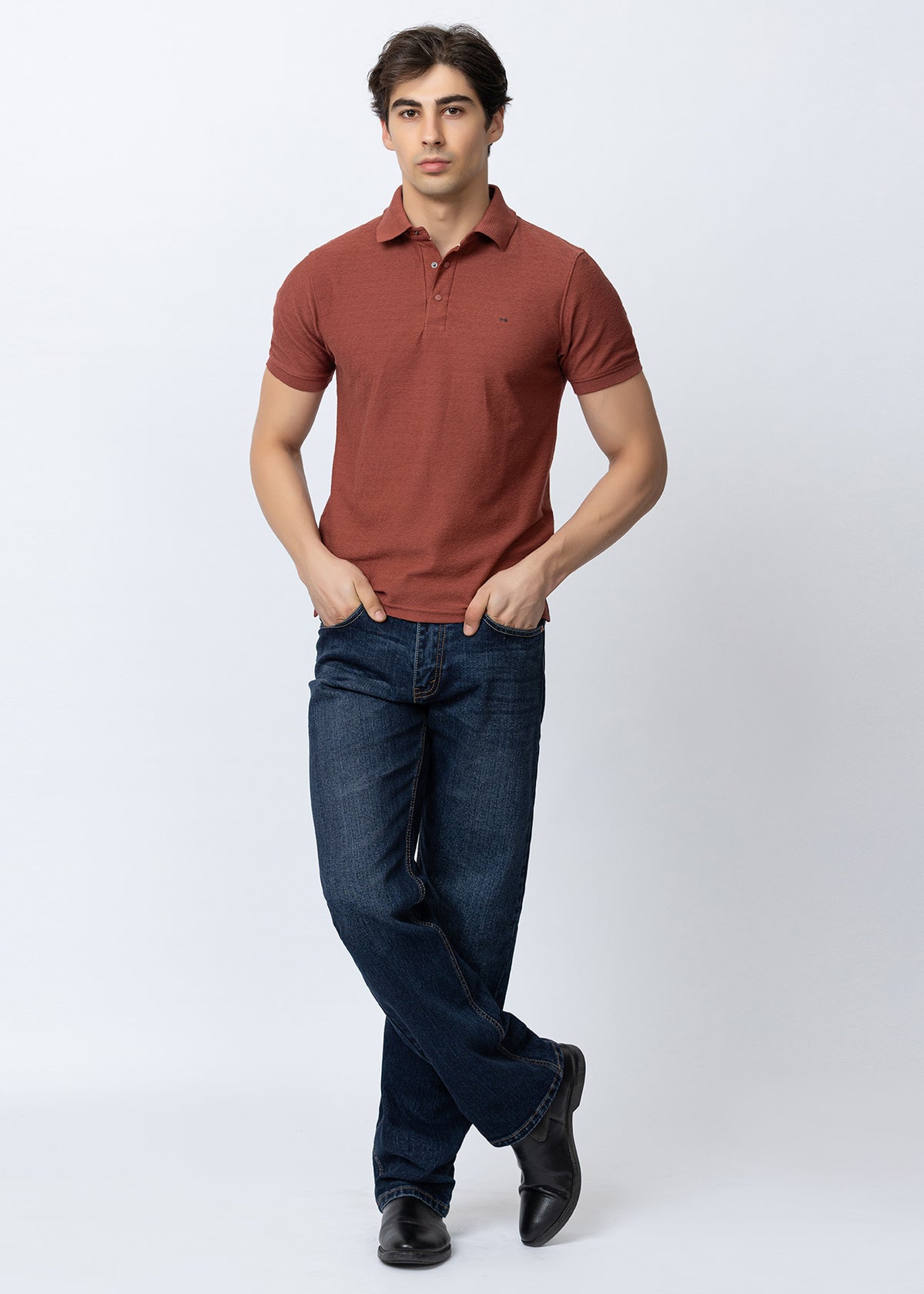 Rust Textured Cotton Polo T-Shirt