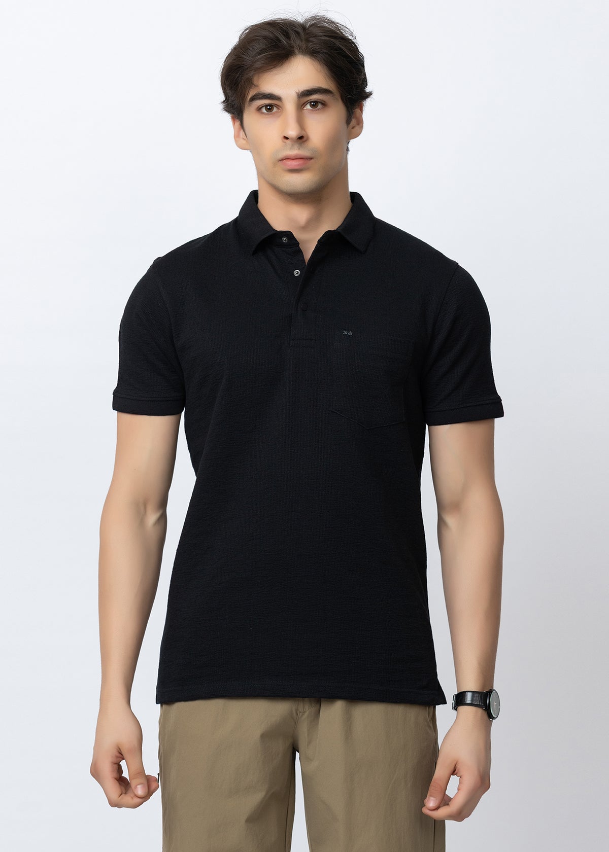 Black Solid Textured Polo T-Shirt with Chest Pocket