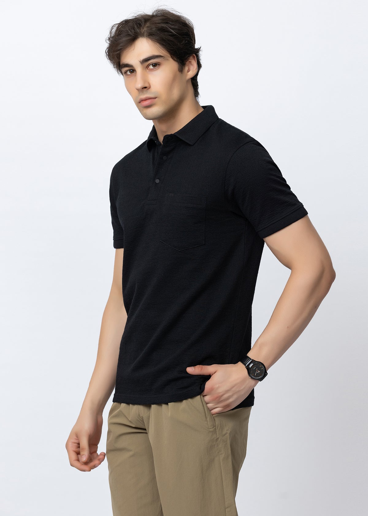 Black Solid Textured Polo T-Shirt with Chest Pocket
