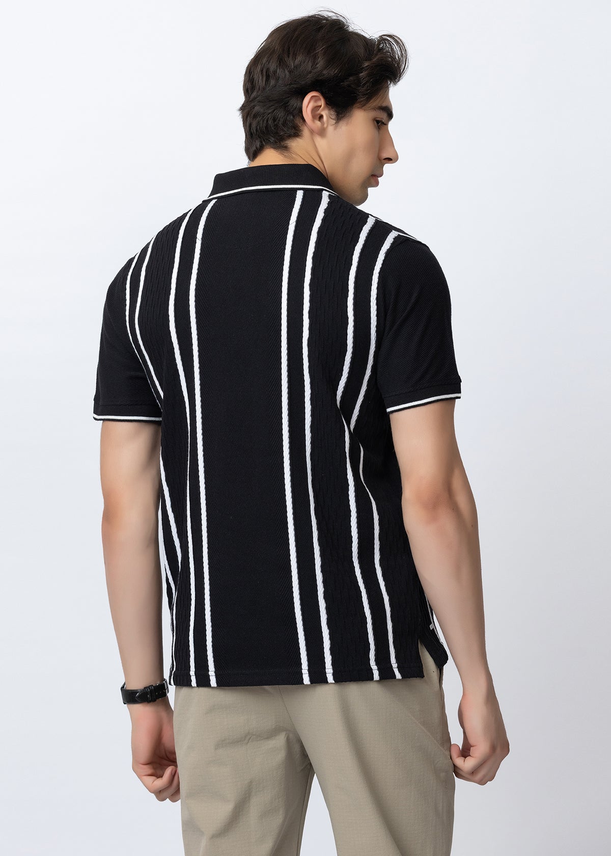 Black Vertical Striped Textured Knit Polo T-Shirt