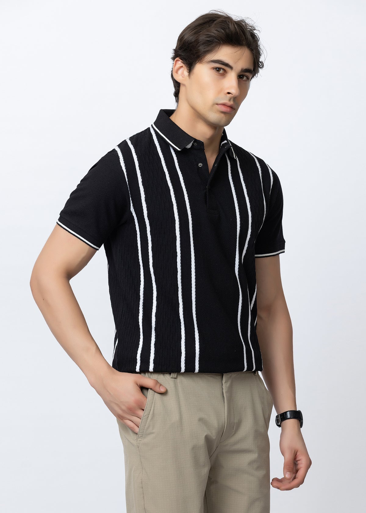Black Vertical Striped Textured Knit Polo T-Shirt