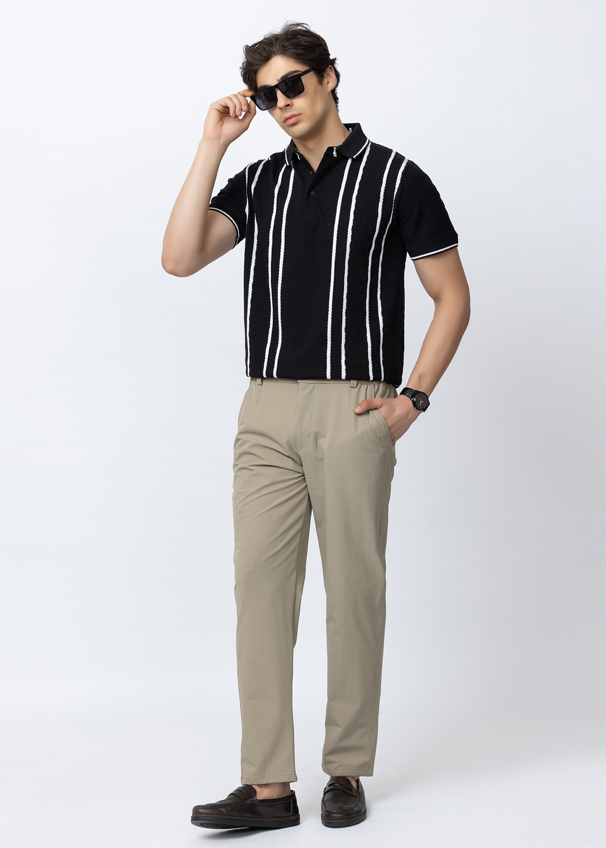 Black Vertical Striped Textured Knit Polo T-Shirt