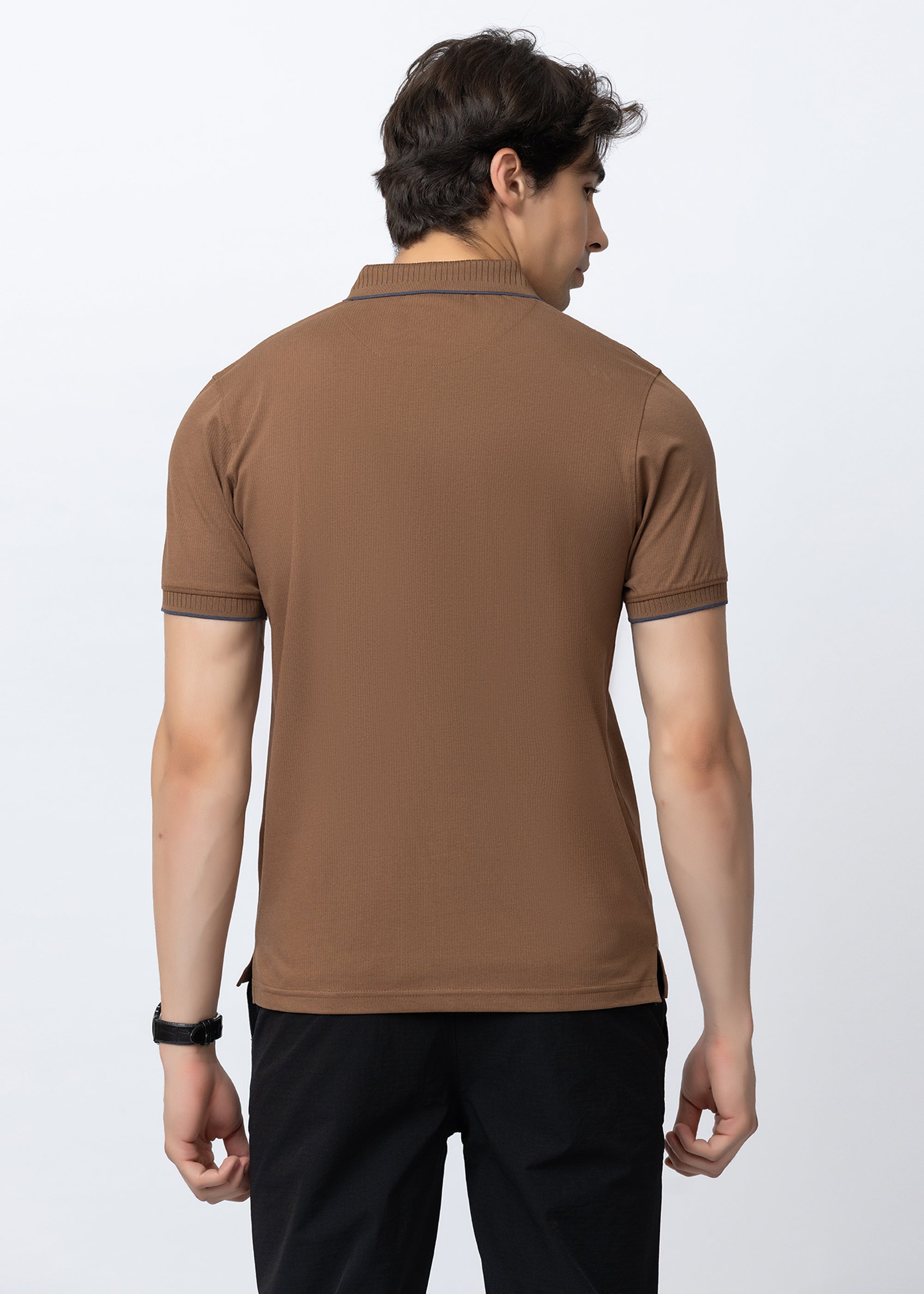 Tan Geometric Trim Polo T-Shirt