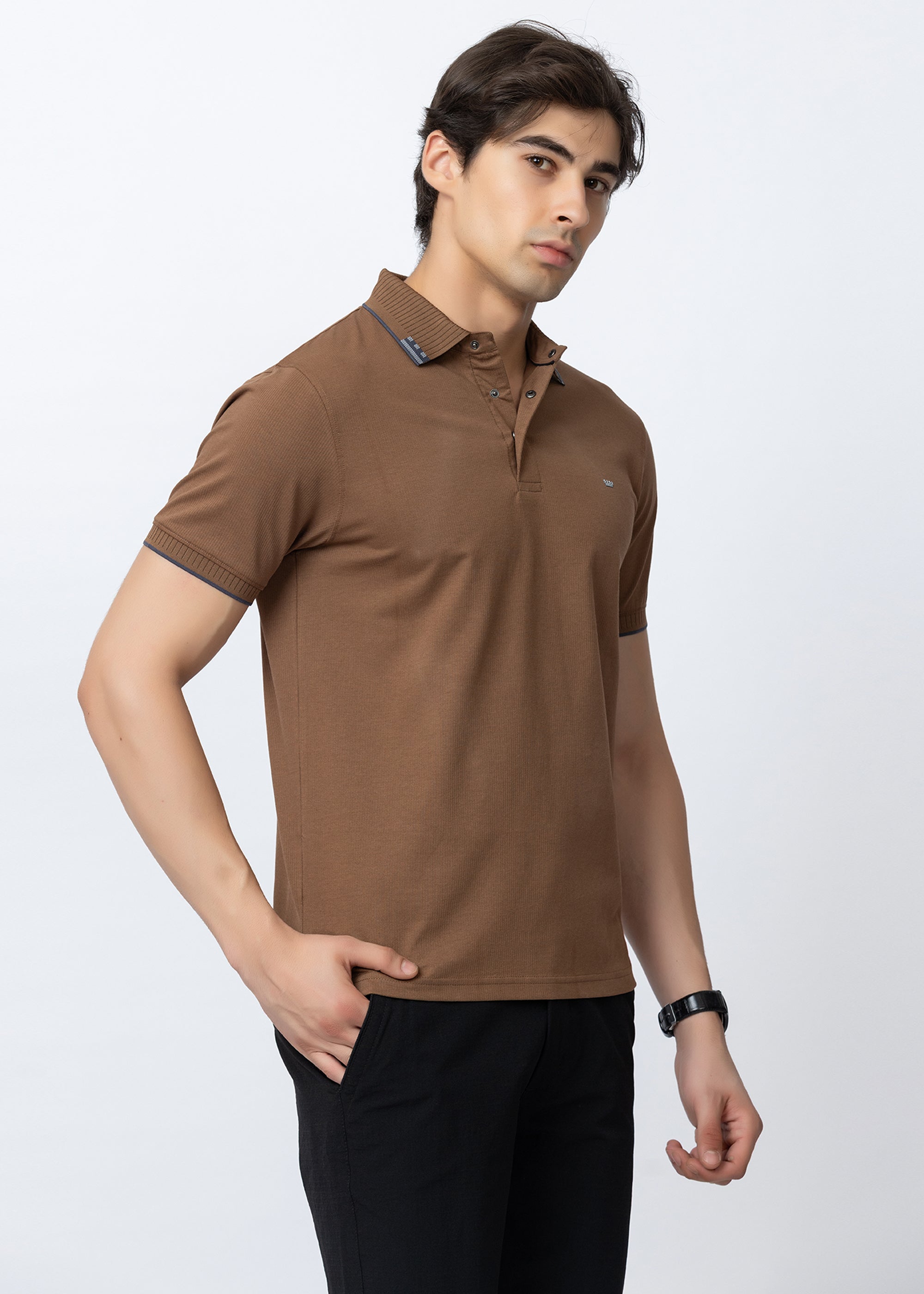 Tan Geometric Trim Polo T-Shirt