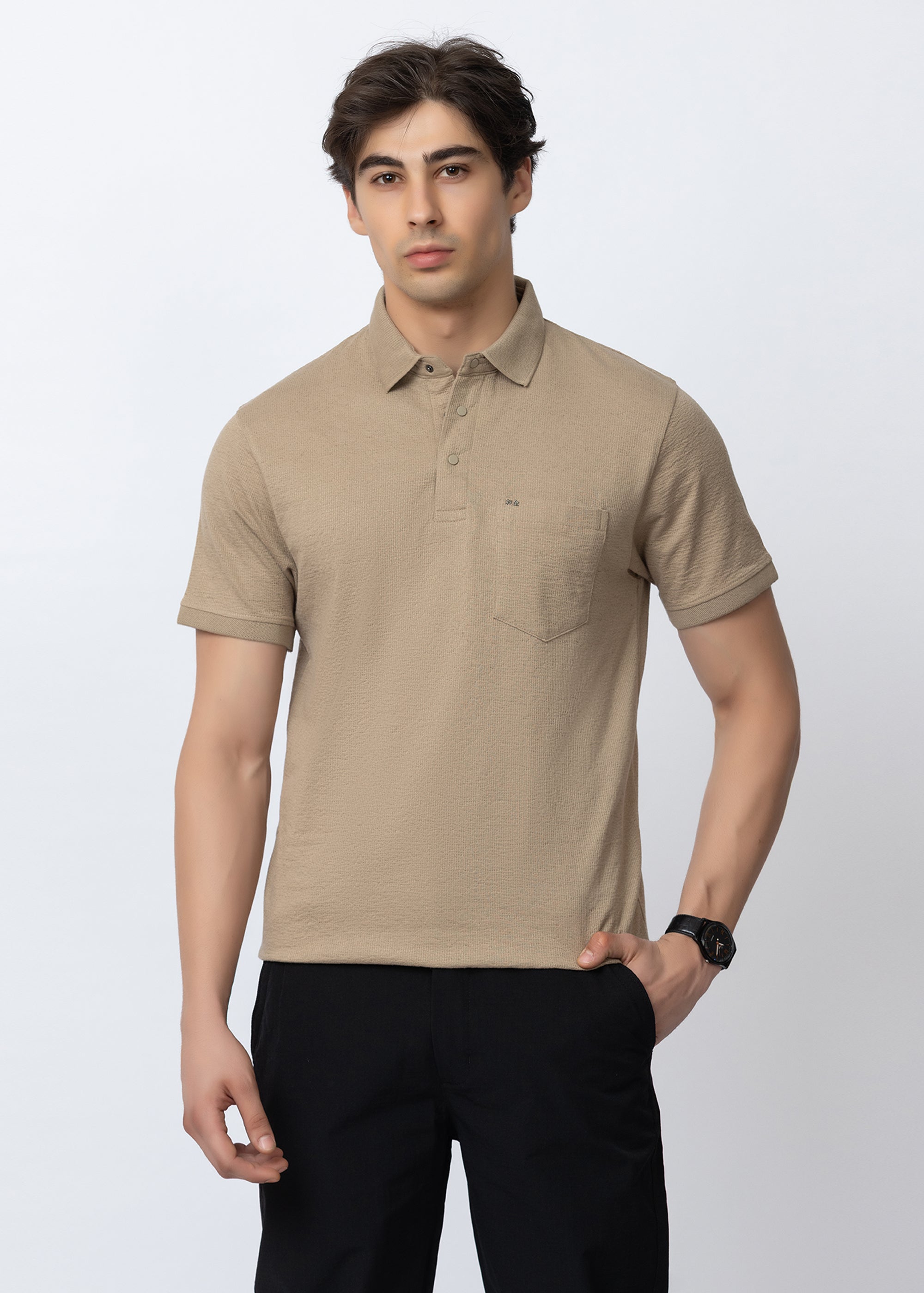 FAWN Textured Polo T-Shirt with Chest Pocket